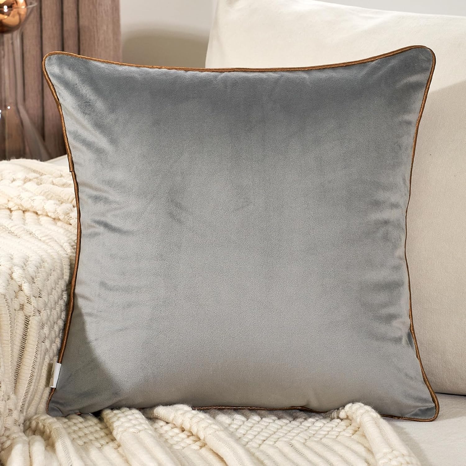 Aeckself Gray Velvet Pillow Cover 16 x 16 Inch, Luxury Modern Square Gold Plaid Geometric Embroidery Decorative Throw Pillow Cover for Couch Living Room Bedroom image 2