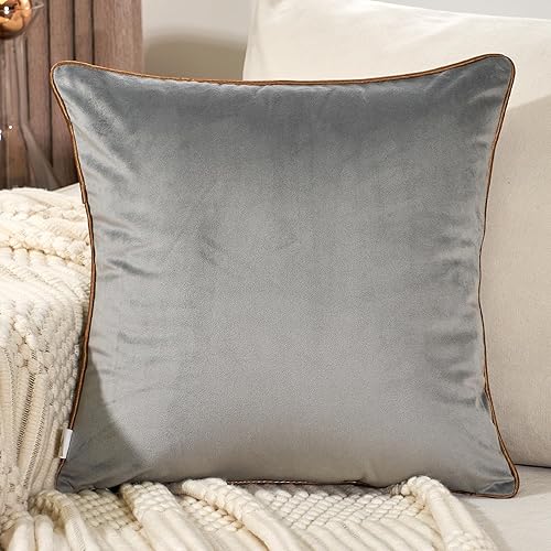 Miniatura 2 de Aeckself Funda de almohada geométrica gris de 18 x 18 pulgadas, terciopelo suave bordado a cuadros dorados, funda de almohada decorativa cuadrada