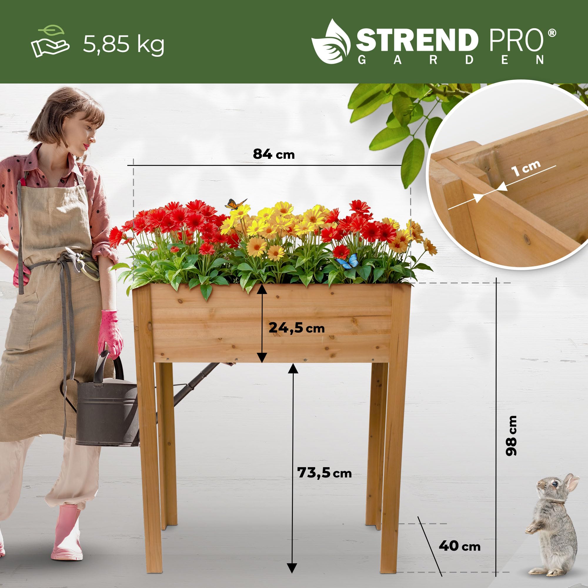 STREND PRO Aiuola rialzata per balcone | 98 cm (A) x 40 cm (P) x 84 cm (L) | Aiuola in legno con telo impermeabile | Piccola aiuola rialzata stretta, ideale per balconi, terrazze e giardini