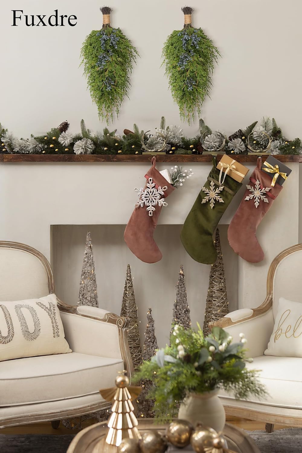 20" Christmas Artificial Juniper Swag Blueberries Teardrop Front Door Decoration Pine Cedar Real Touch Xmas Faux Evergreen Juniper Swag with Hanging Ring for Windows Wall Stair Outdoor Decor