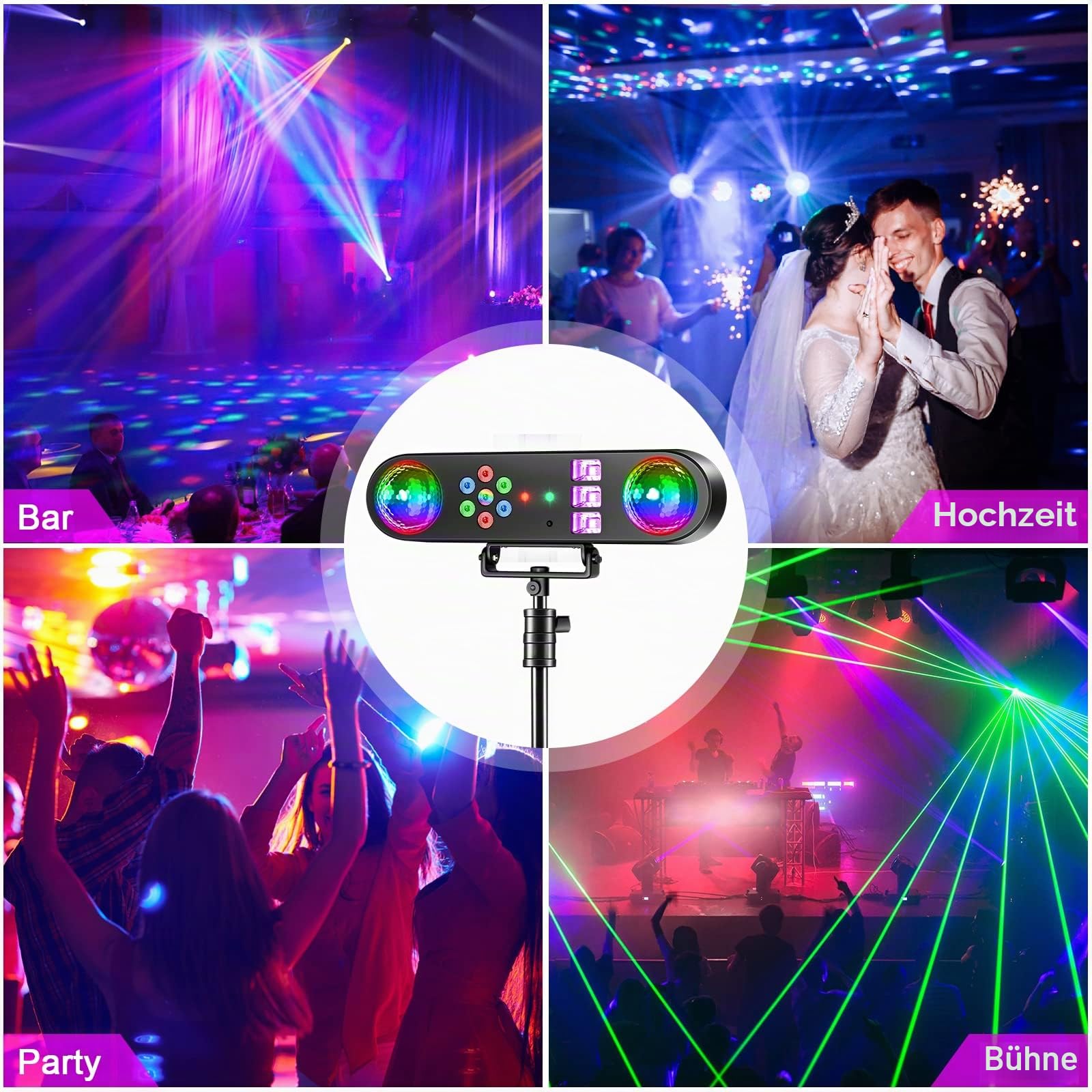 U`King Discolicht Partylicht mit Stativ und Fernbedienung, 5 in 1 DJ Discolicht Rotierende Kugeln/UV/Stroboskope/bunte LED Par Lichter//Gobos für Urlaub Party Kinder Geburtstag Lichteffekte Weihnach