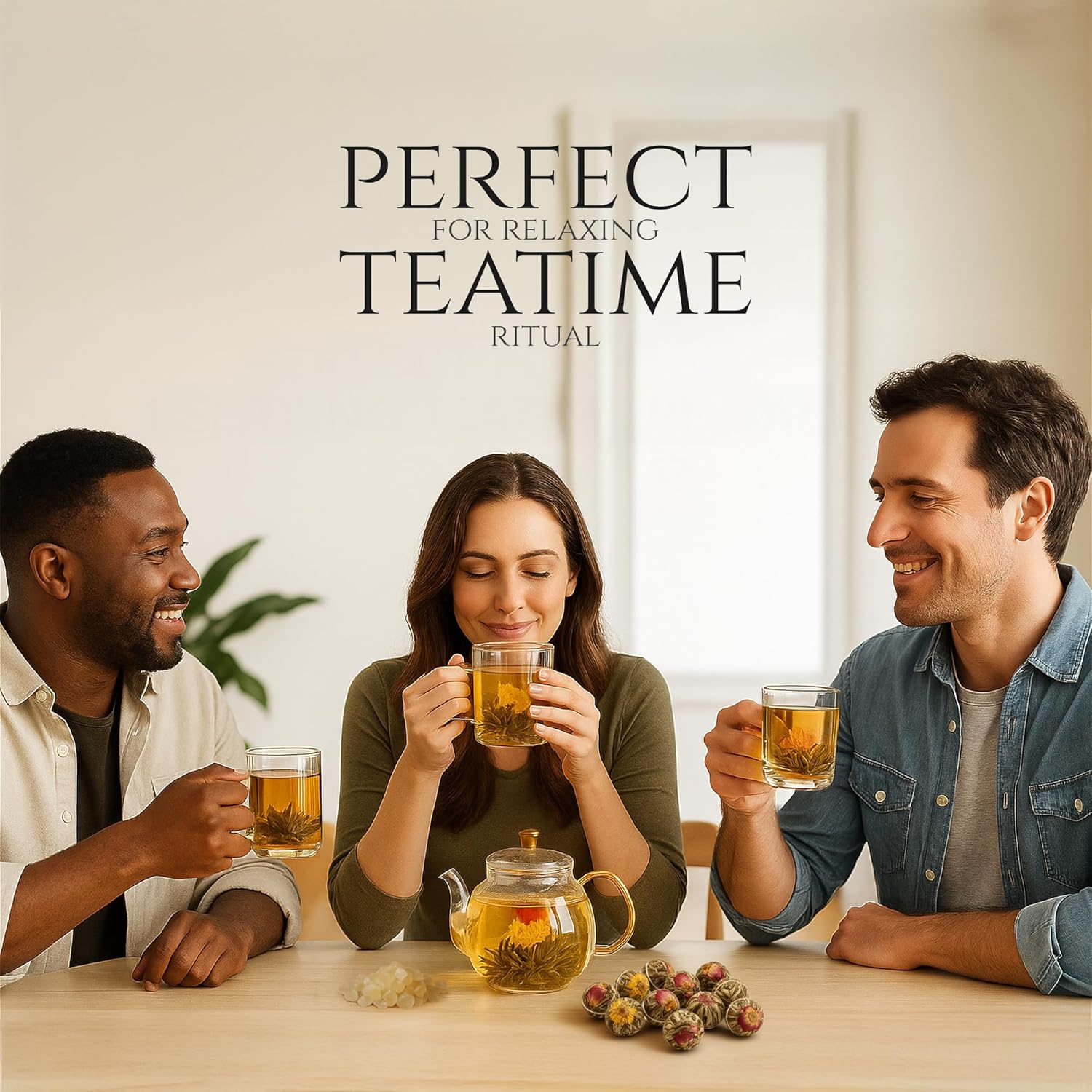 Tea Bunch Blooming Flower Tea Set – 12x2 Hand-Tied Organic Green Tea Balls with 24 Packs of Rock Sugar, Gift-Ready Packaging, Calming Floral Tea for Wellness & Relaxation (Glass Teapot Not Included)