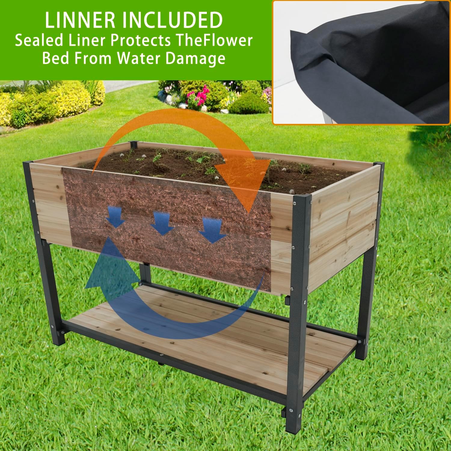 Raised Garden Planter Box with Storage Shelf, 45 inch Elevated Wood Planting Bed, Metal Frame（76217）