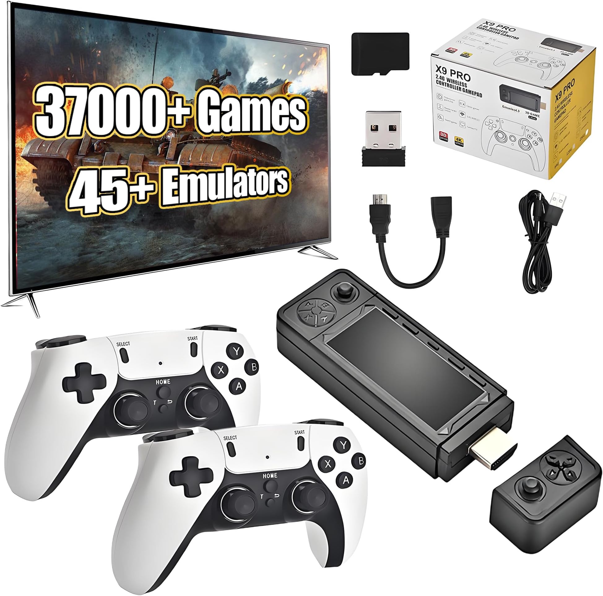 X9 Pro Retro Game Stick 4K,Preloaded Game Console 37000+ Classic Games 45+ Simulators, 2.4G Wireless Controllers, Plug and Play Retro TV Games(64G)