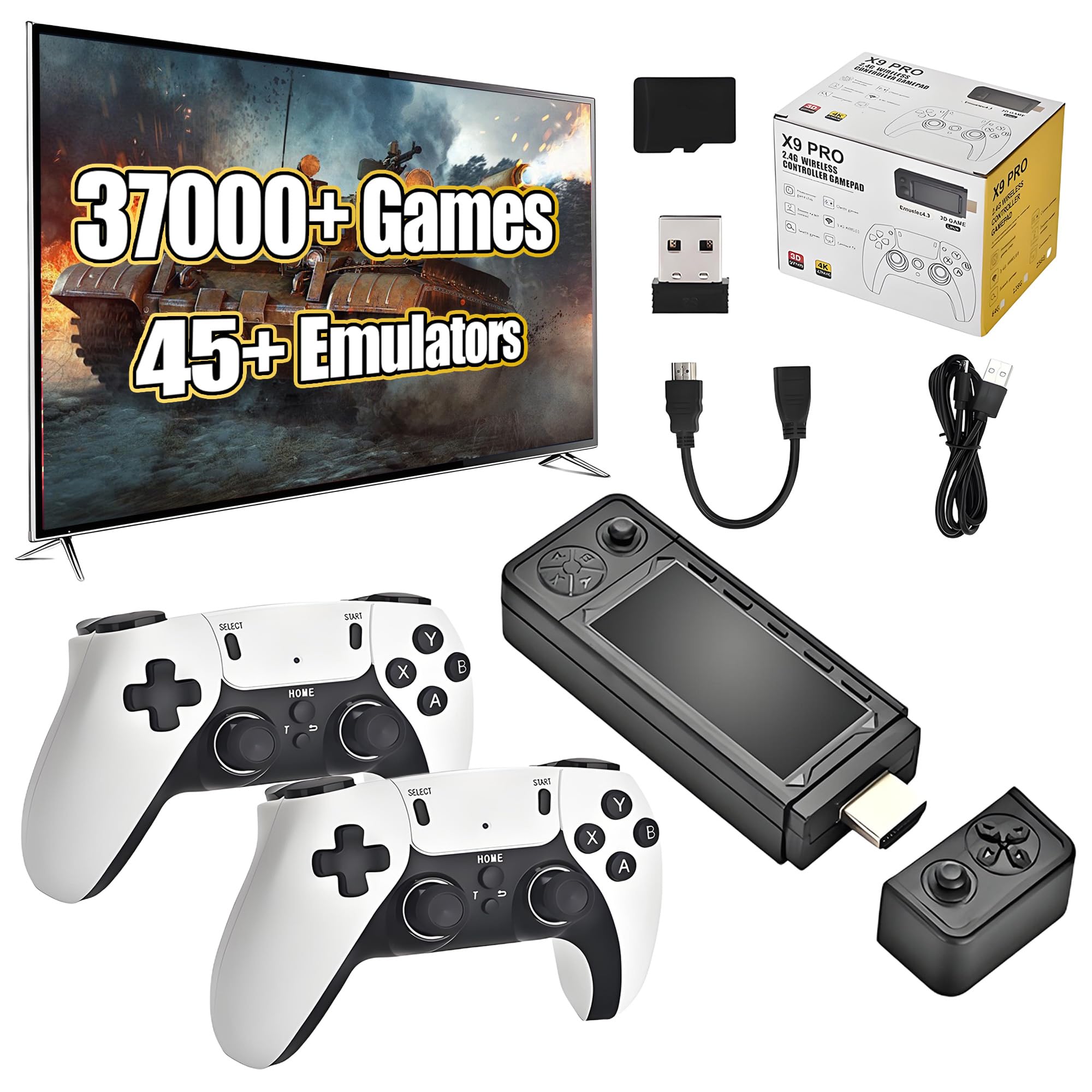X9 Pro Retro Game Stick 4K,Preloaded Game Console 37000+ Classic Games 45+ Simulators, 2.4G Wireless Controllers, Plug and Play Retro TV Games(64G)