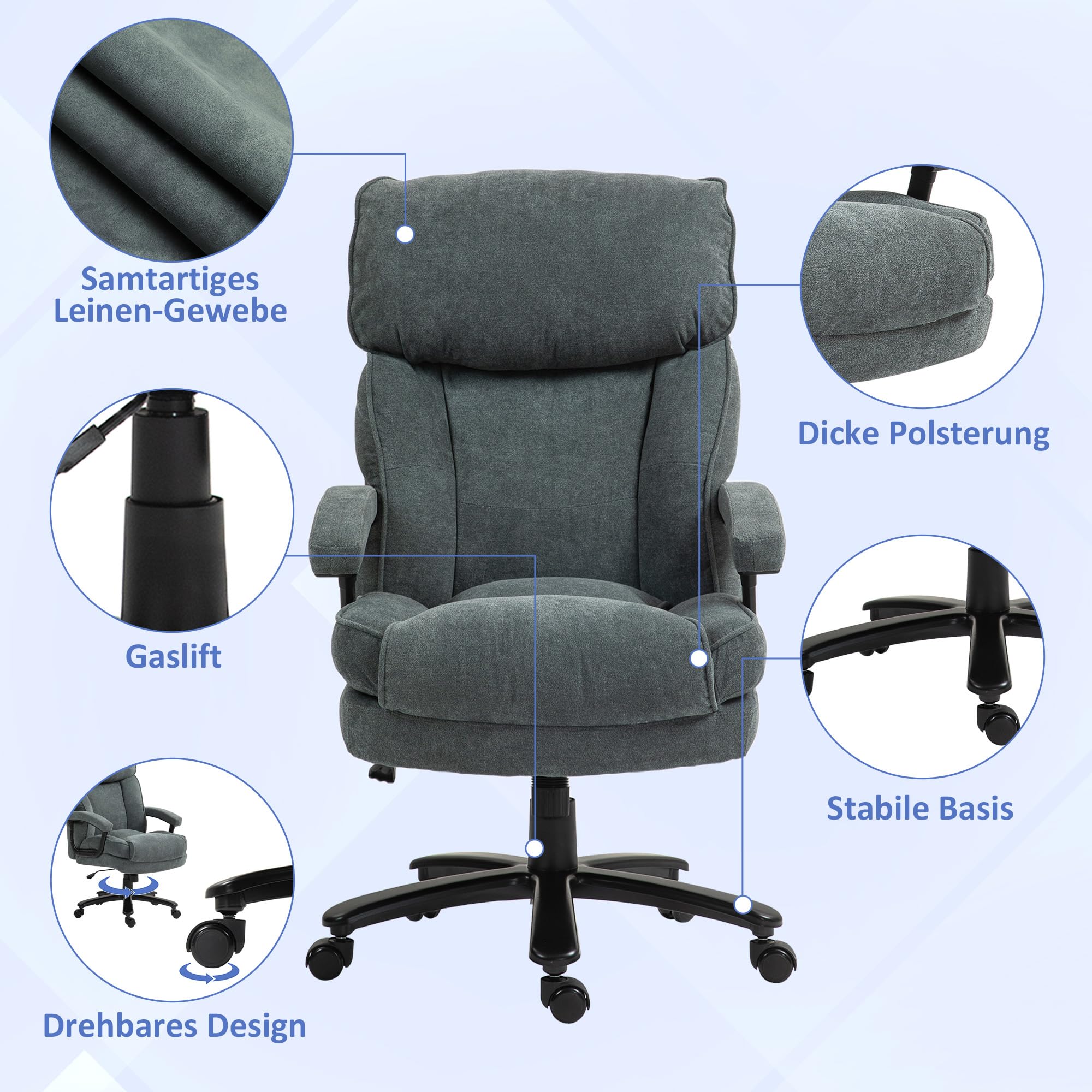 HOMCOM Chefsessel Bürostuhl bis 200 kg Ergonomischer Schreibtischstuhl mit Samtoptik, Hoher Rückenlehne, Höhenverstellbar Drehstuhl mit Breitem Sitz, Wippfunktion, für Büro und Homeoffice Grau