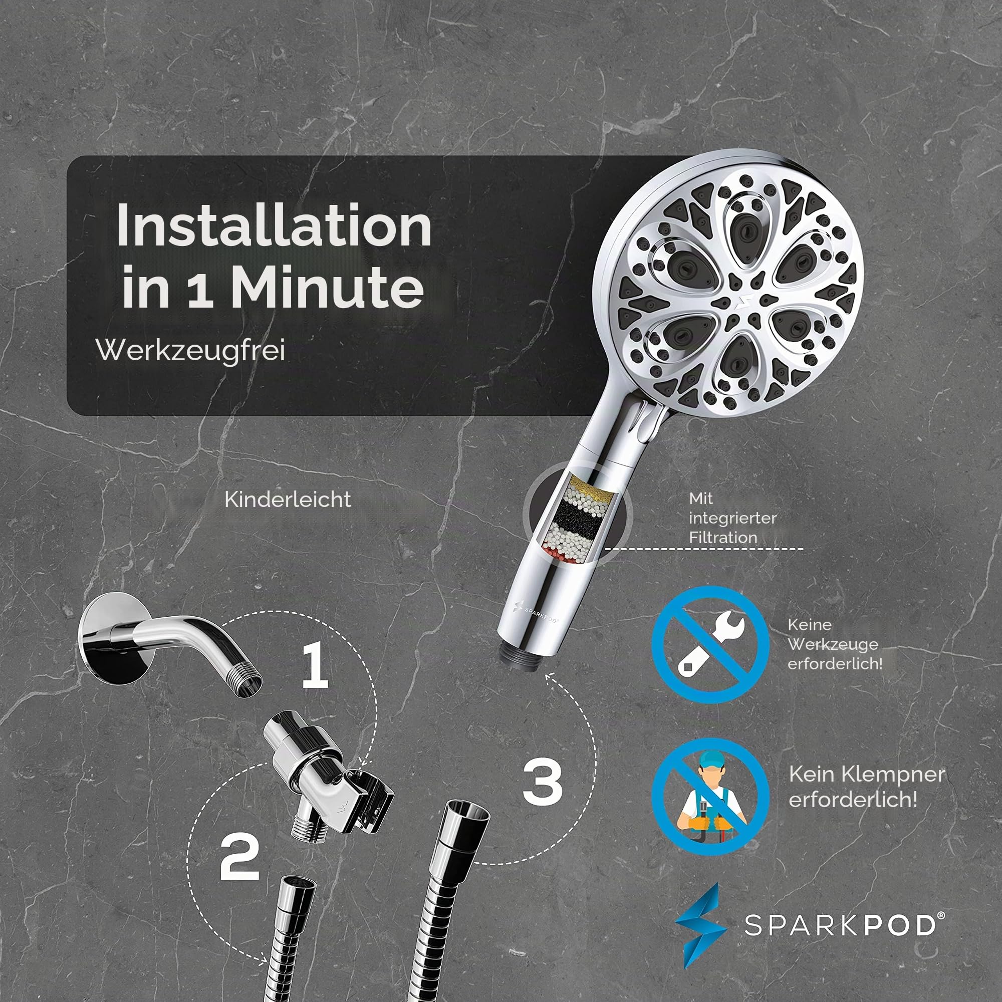 SparkPod Luxuriöser Duschkopf mit 10 Sprüheinstellungen, 12,7 cm hoher Durchfluss, Handbrause mit Hochdruckdüsen, Premium-Edelstahl, 1,8 m, Schlauch und Halterung (poliertes Chrom, mit Filter)