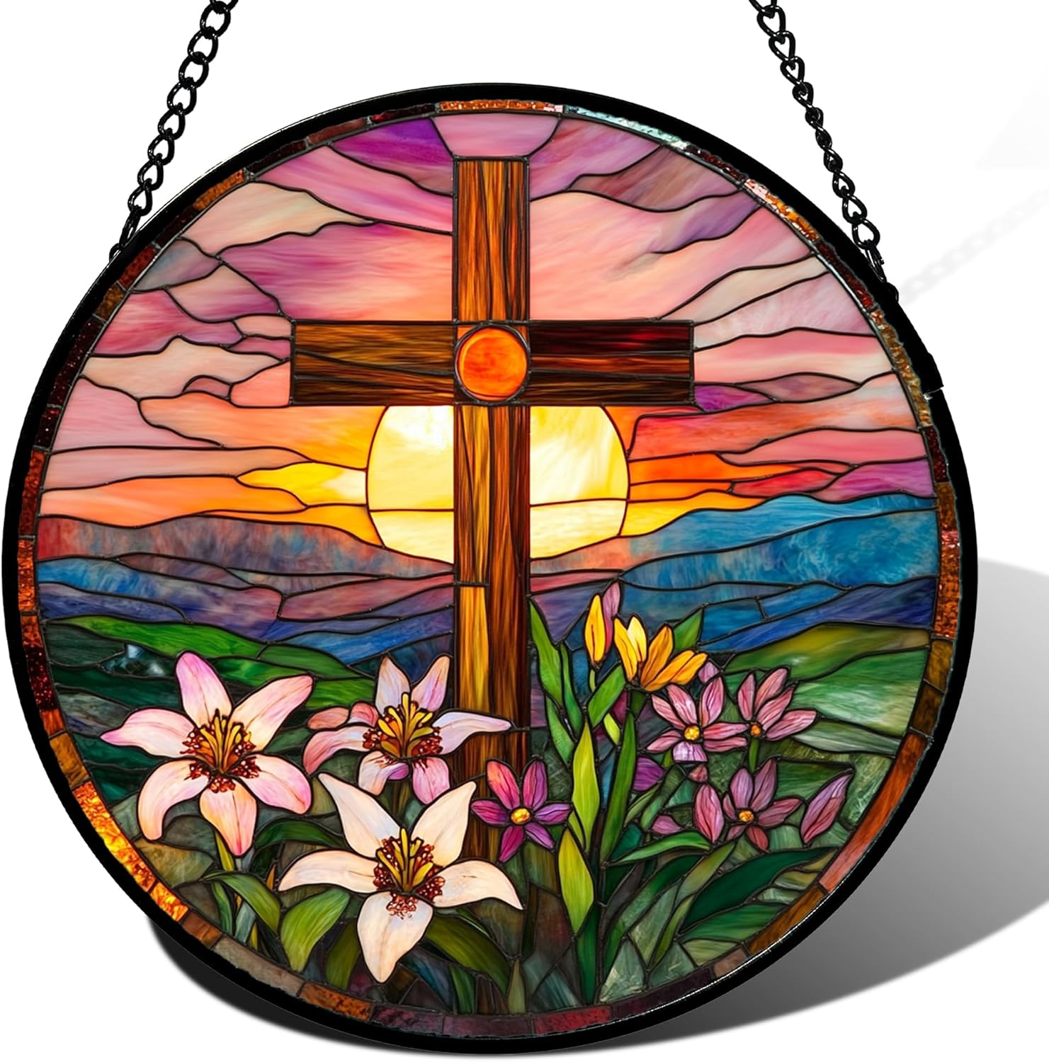 Christian Gifts for Women - Cross Stained Glass Window Hanging Jesus Easter Pink Flower Sunset Sun Catcher Garden Religion Decor Mother's Day Catholic Gift for Men Grandma Nana Her Mom 15"