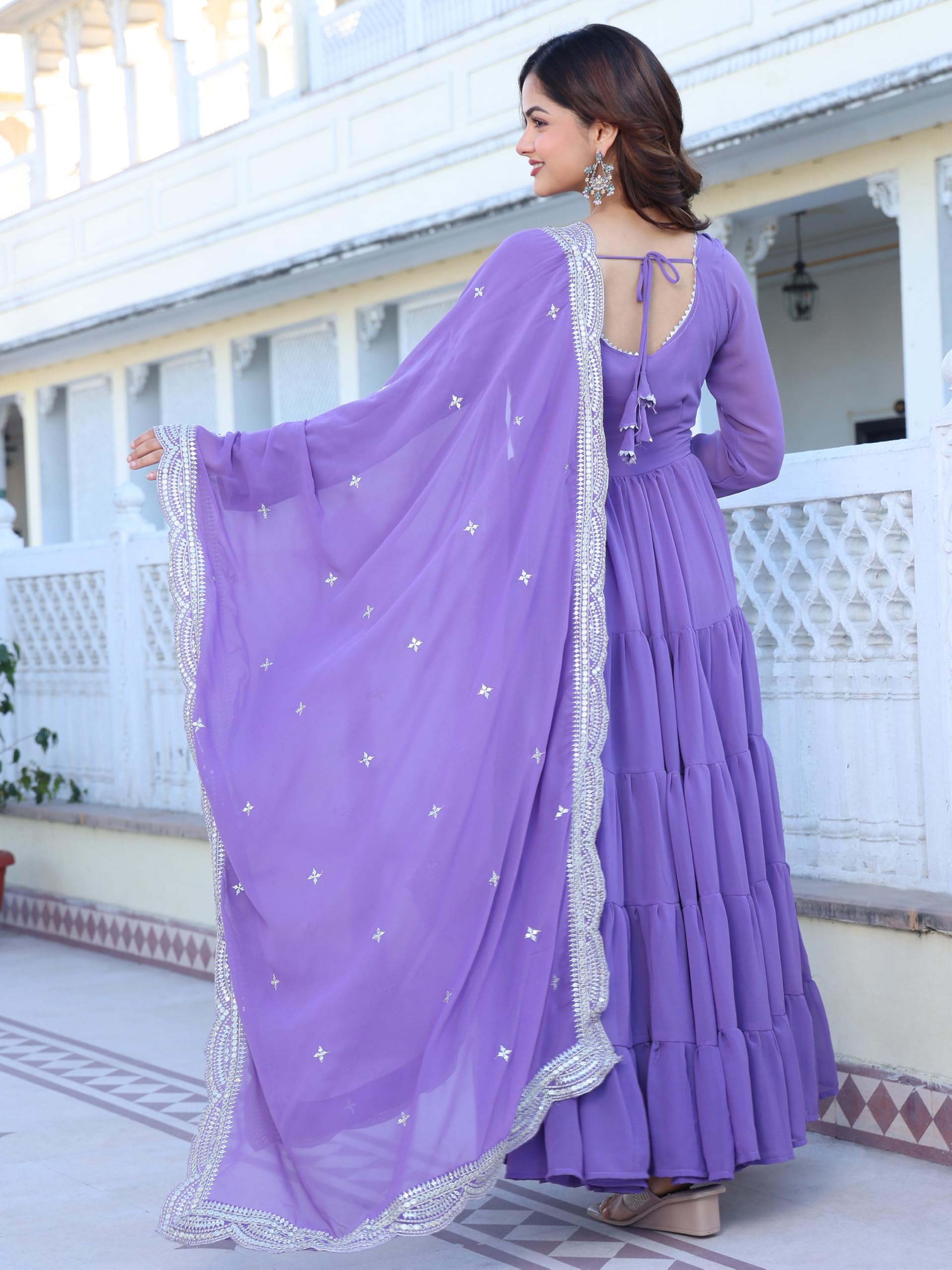 Fashion Basket Women's Georgette Solid Anarkali Dress Lavender