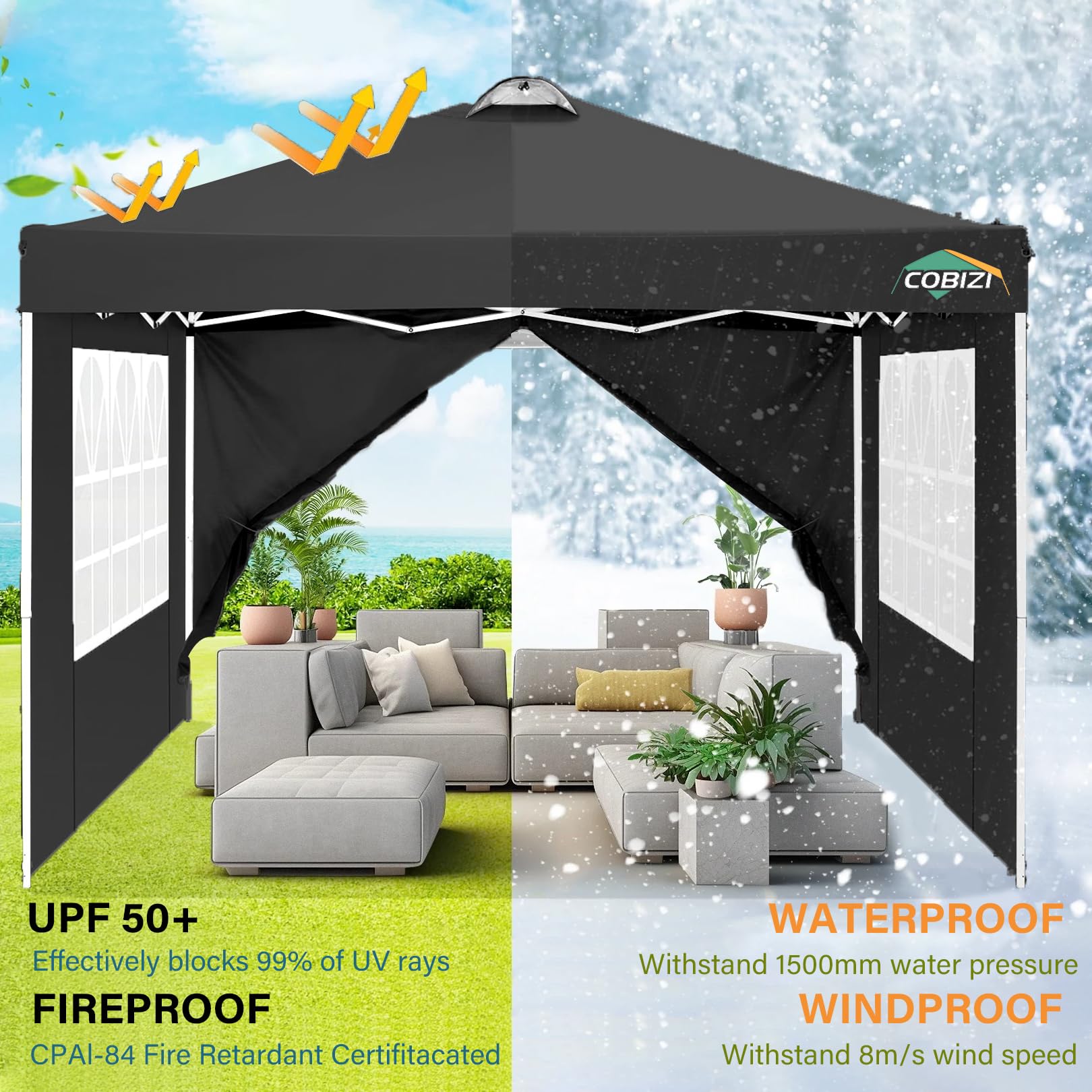 COBIZI Carpa de Jardín de 3x3m Plegable, Cenador Robusto Impermeable, Garden Tent 3x3 Resistente al Agua con 8 Paredes Laterales para Reception, Camping, Fiestas, Exterior, Cerveza,Reception,Negro