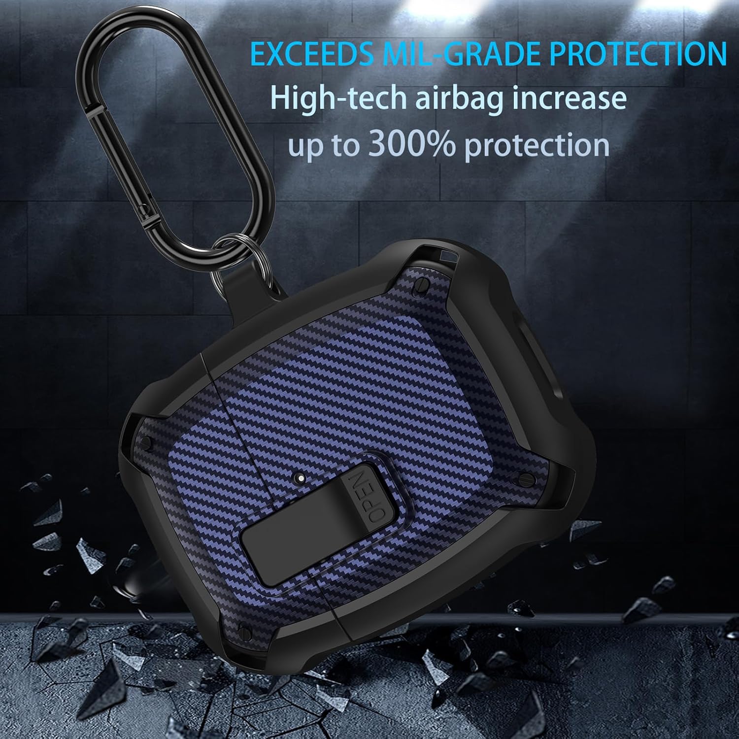 Google Pixel Buds Pro Case with Cleaner Kit, Military Shell Protective Cover with Lock & Carabiner, Black/Blue - Image 2