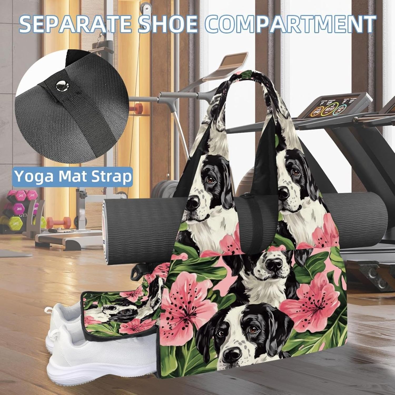 Gym Bag for Women, Dogs Florals Yoga Mat Bag with Shoe Compartment, Sport Yoga Gym Bag with Yoga Strap, Carryall Yoga Tote Bag