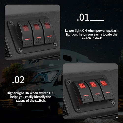 Miniatura 3 de DaierTek Panel de interruptor basculante de 3 bandas, 12 V, impermeable, luz LED roja, 5 pines, interruptor de palanca basculante de