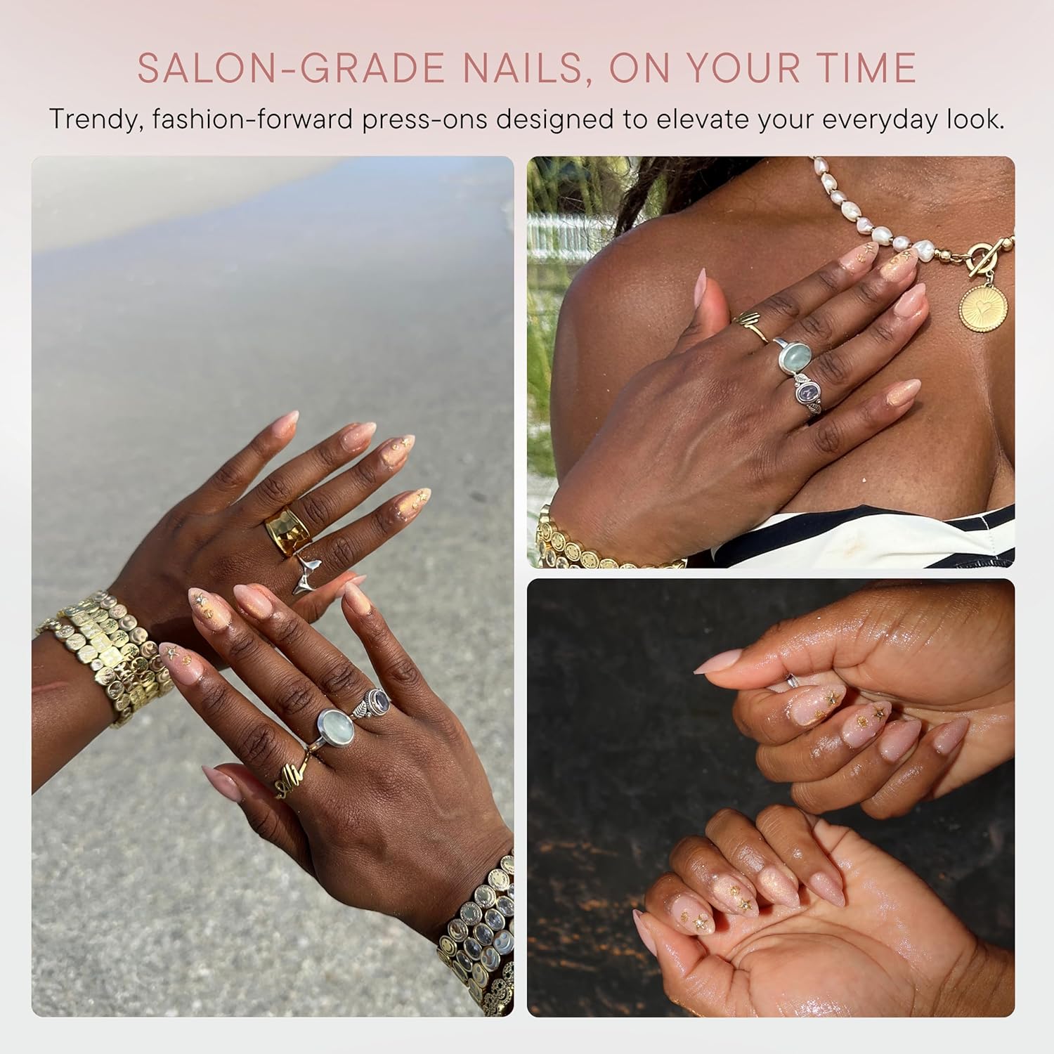 Celebritips Press-Ons | Golden Water Fairy, Short Almond Nails with Peachy Pink Cat-eye and Sea Stars, Reusable Summer Nails | 16 sizes - 32 Nails Kit with Super-hold Nail Glue and Sticky Tabs