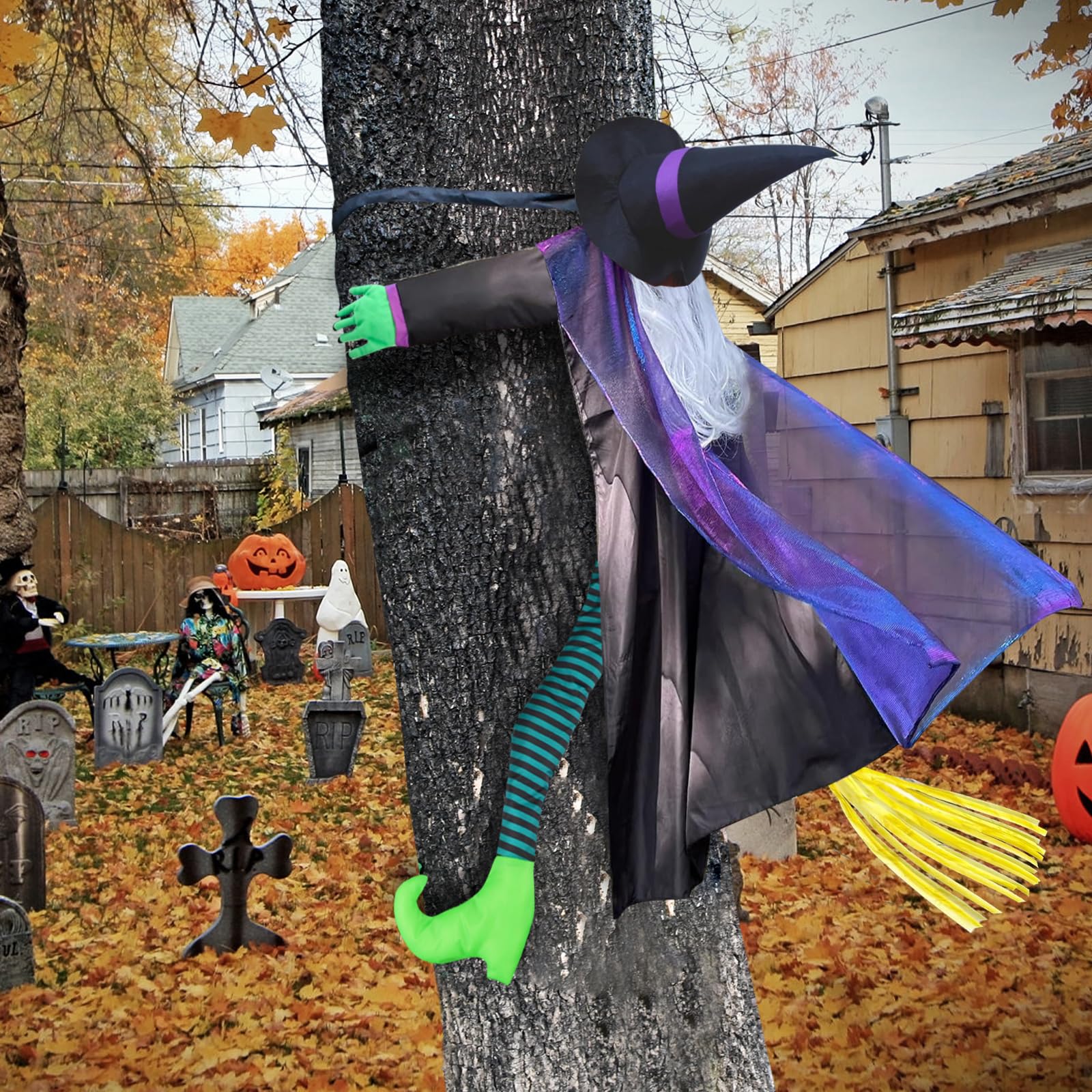 Odiuk Black 57'' Purple Crashing Witch Halloween Decorations Outdoor – Large Hanging Witch Into Tree Prop For Yard, Porch, Patio, Fence, Door & Haunted House