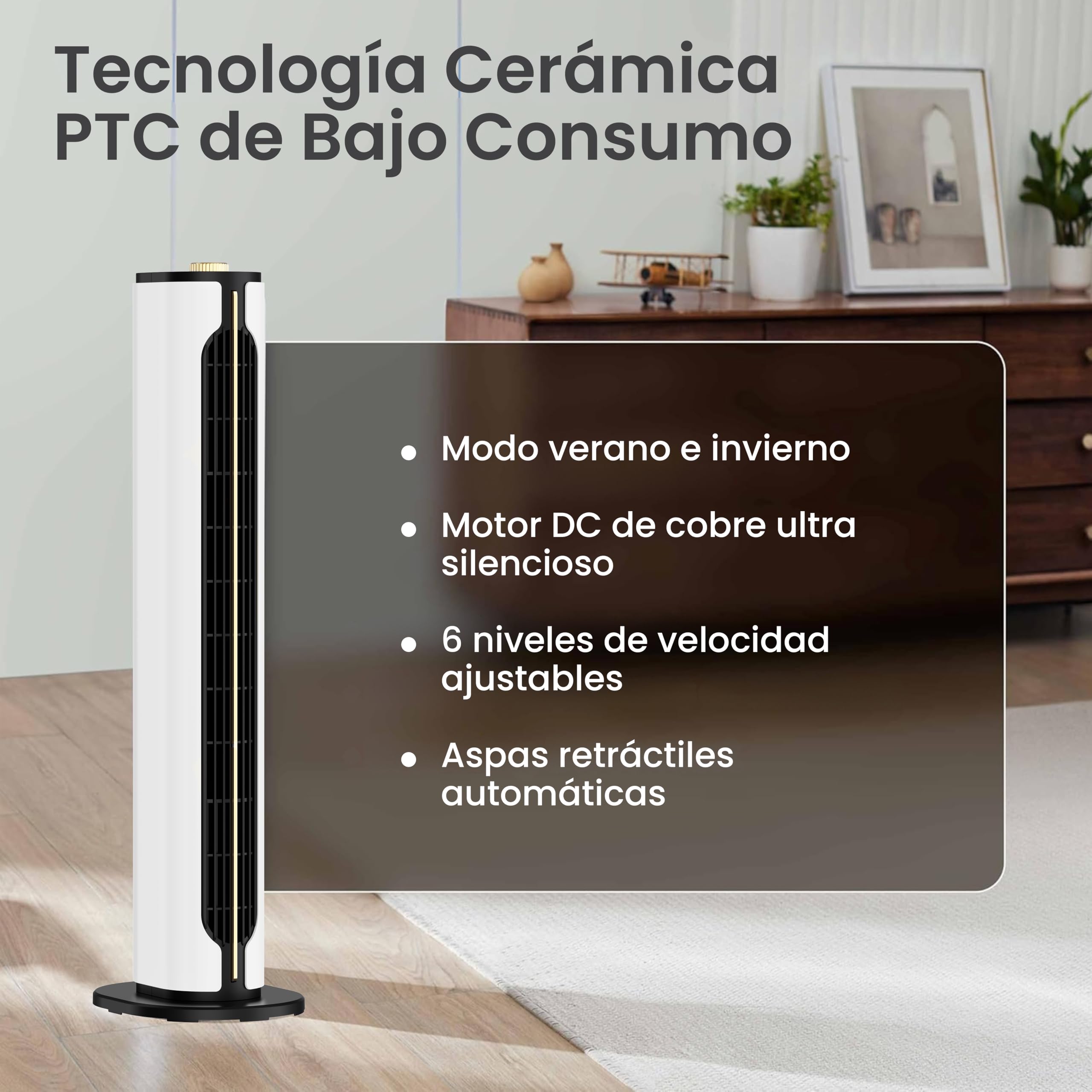 Termoventilador vertical cerámico 1500W | Calefactor eléctrico portátil con 2 potencias, 3 funciones, termostato regulable, oscilación y sistema antivuelco (Blanco)