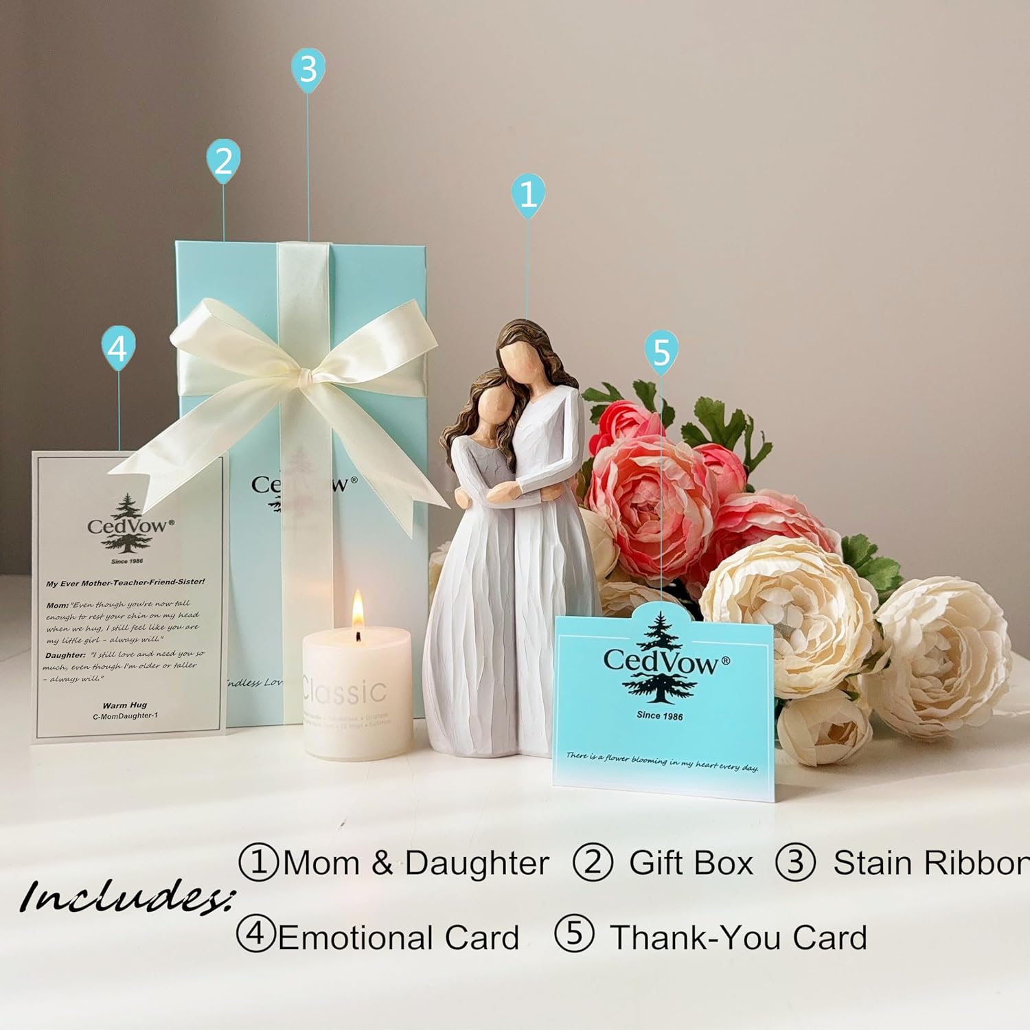 Warm Hug Mother's Day Figurine Figurines, Solid Resin Mother and Daughter Figure Figures Gifts for Mom Christmas Home Decor Statue Ideas Keepsake Statues,Luxury Gift Box with Ribbon &Card-7.7''