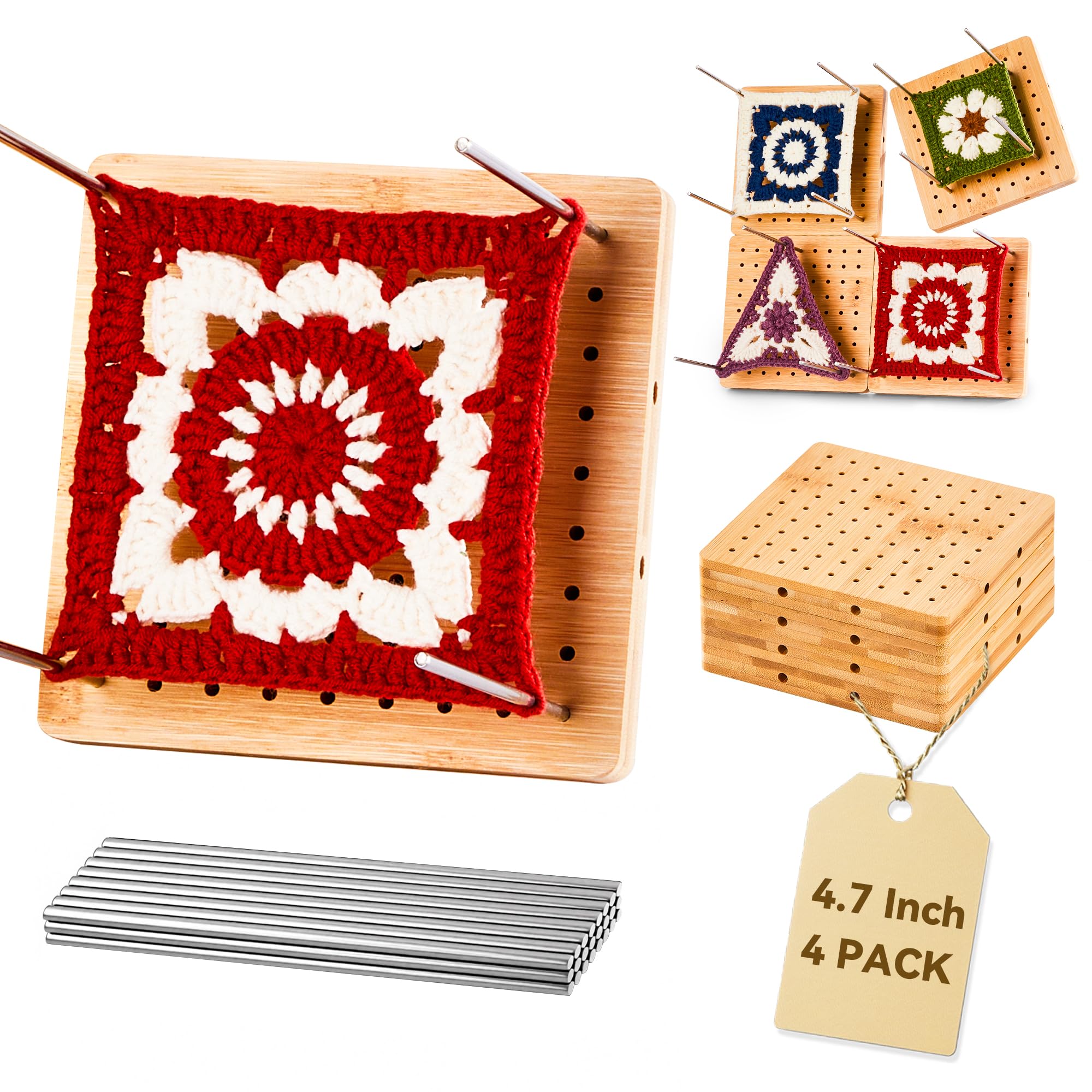4-Pack 4.7" Assembled Crochet Blocking Boards for Granny Square with Pins