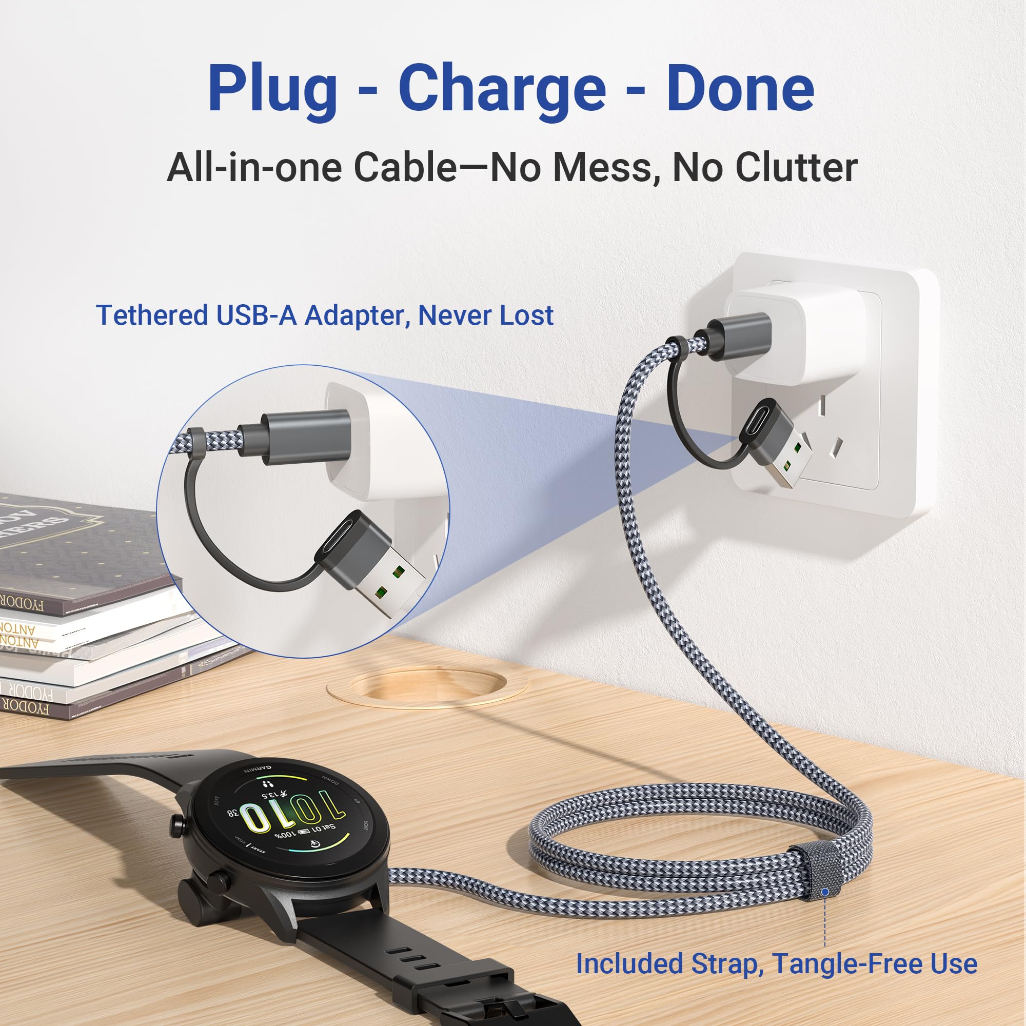 Câble De Charge 2-en-1 USB-C Pour Montre Garmin - 1 Mètre, Nylon Tressé, Compatible Fenix, Forerunner, Venu, Vivoactive…
