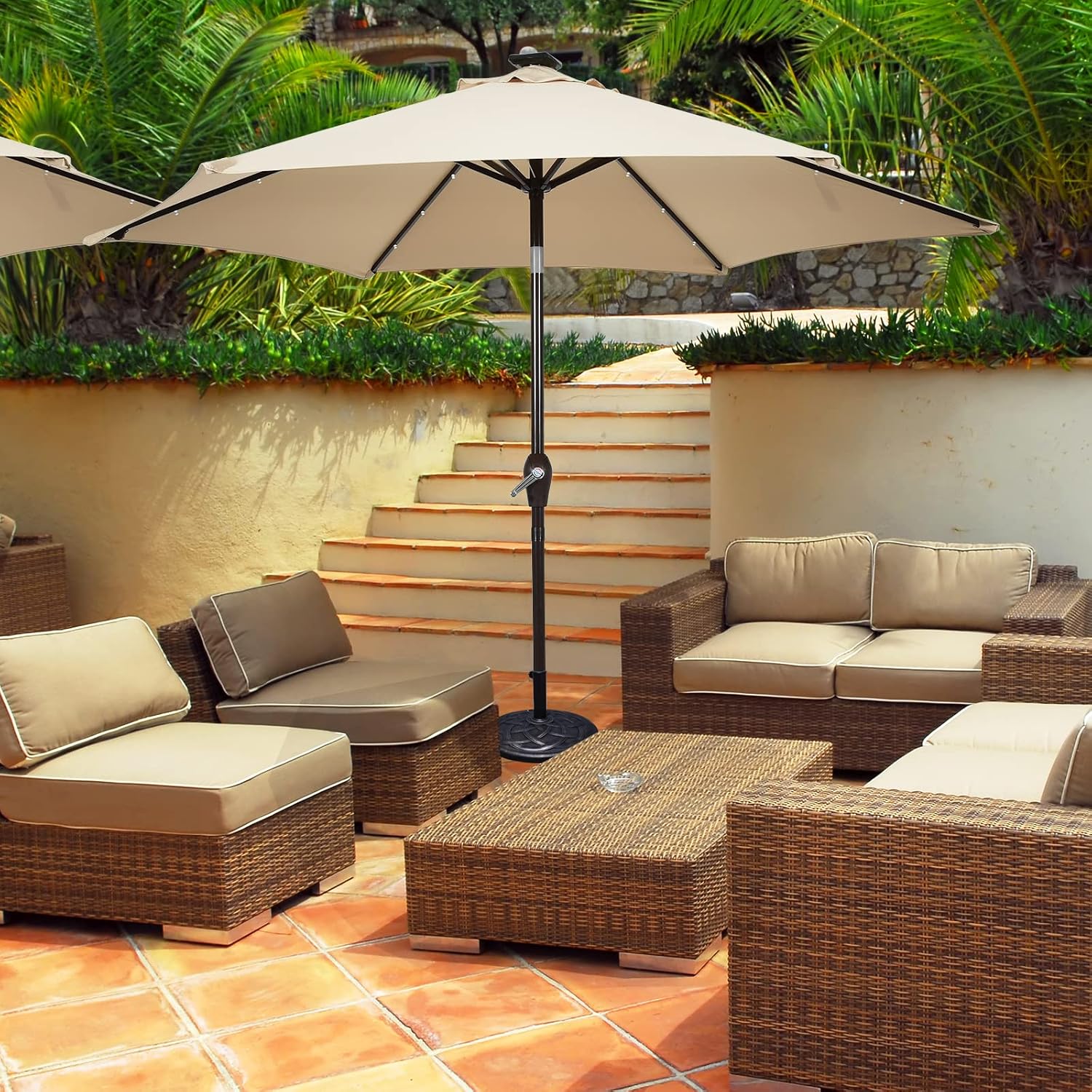 S AFSTAR 9 ft Patio Umbrella, Outdoor Table Market Umbrella With Solar Lights, Push Button Tilt and Crank, for Garden Pool Backyard