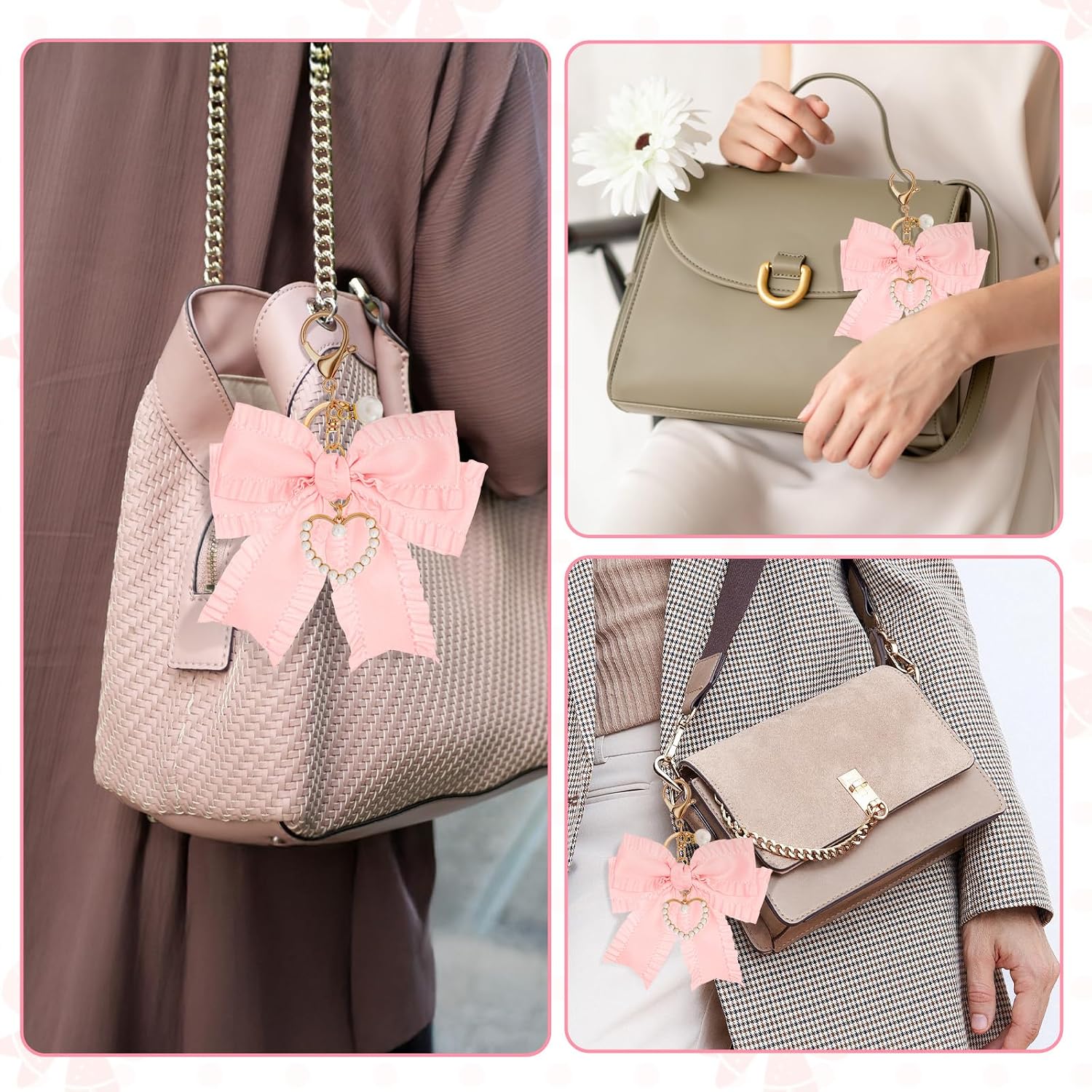 Bow Purse Keychain Charm Bow Keychain Bag Charm for Women Purse, Cute Handbag Charms Bows Key chain Pearl Wristlet Keychains Backpack Keychains Charms Accessories for Purses Key Chains Car Keys