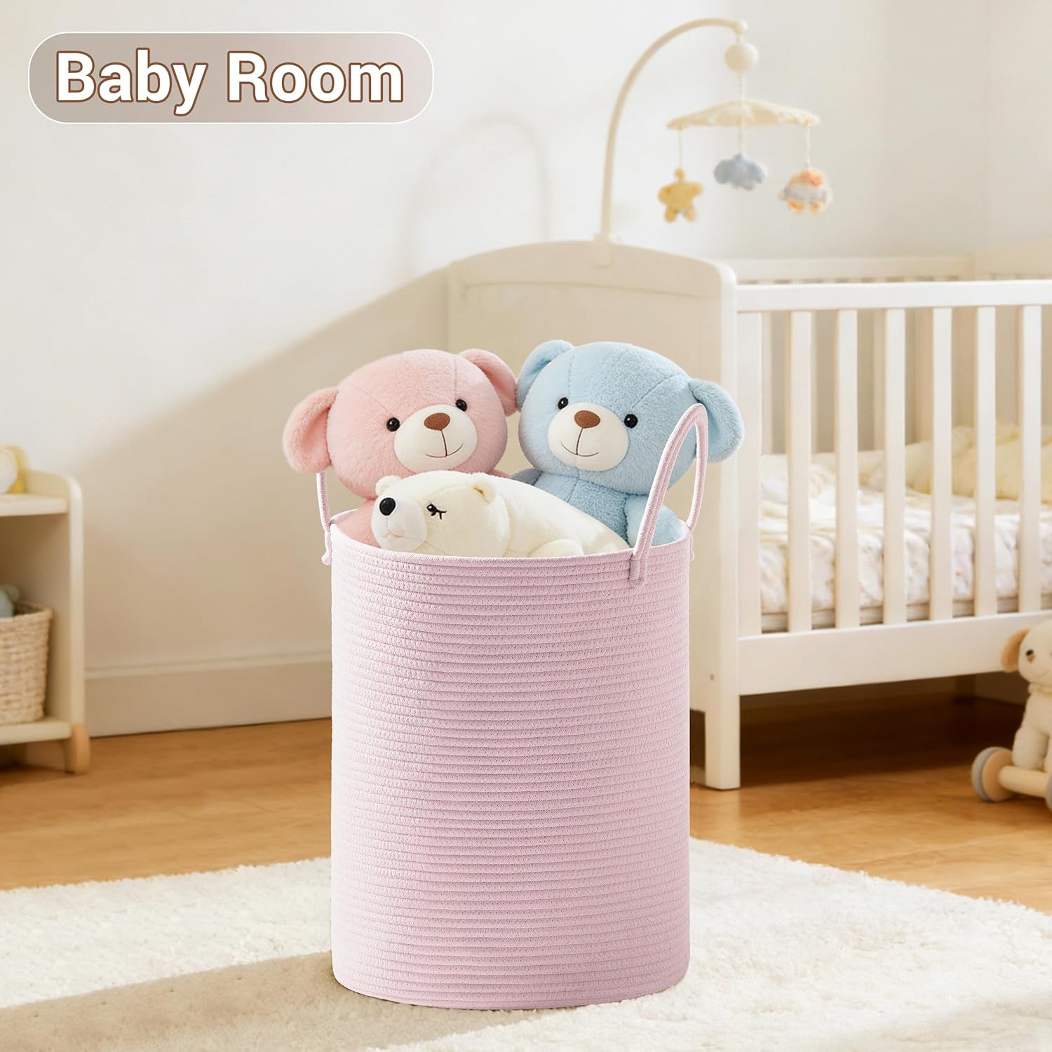 Girls' Tall Laundry Basket with Handles, 72L Portable Dirty Clothes Hamper, Boho Cotton Rope Storage Bin for Blankets Kids Toys Gifts, Decorative Organizer for Nursery Bedroom Bathroom, Pink