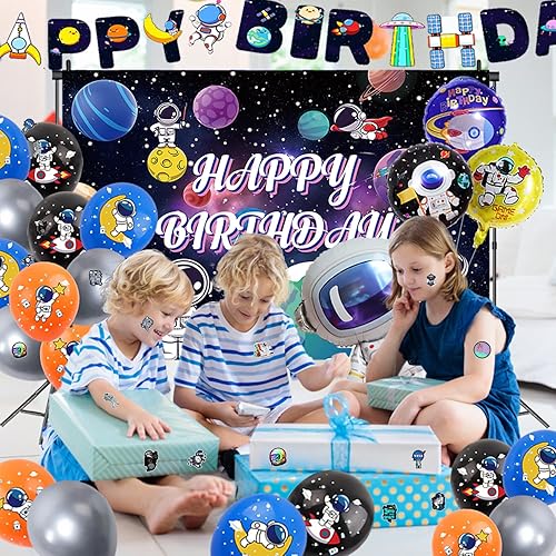 Miniatura 4 de Suministros para fiesta de cumpleaños del espacio exterior, decoraciones de fiesta espacial para 20 invitados, incluye pancarta de feliz cumpleaños,
