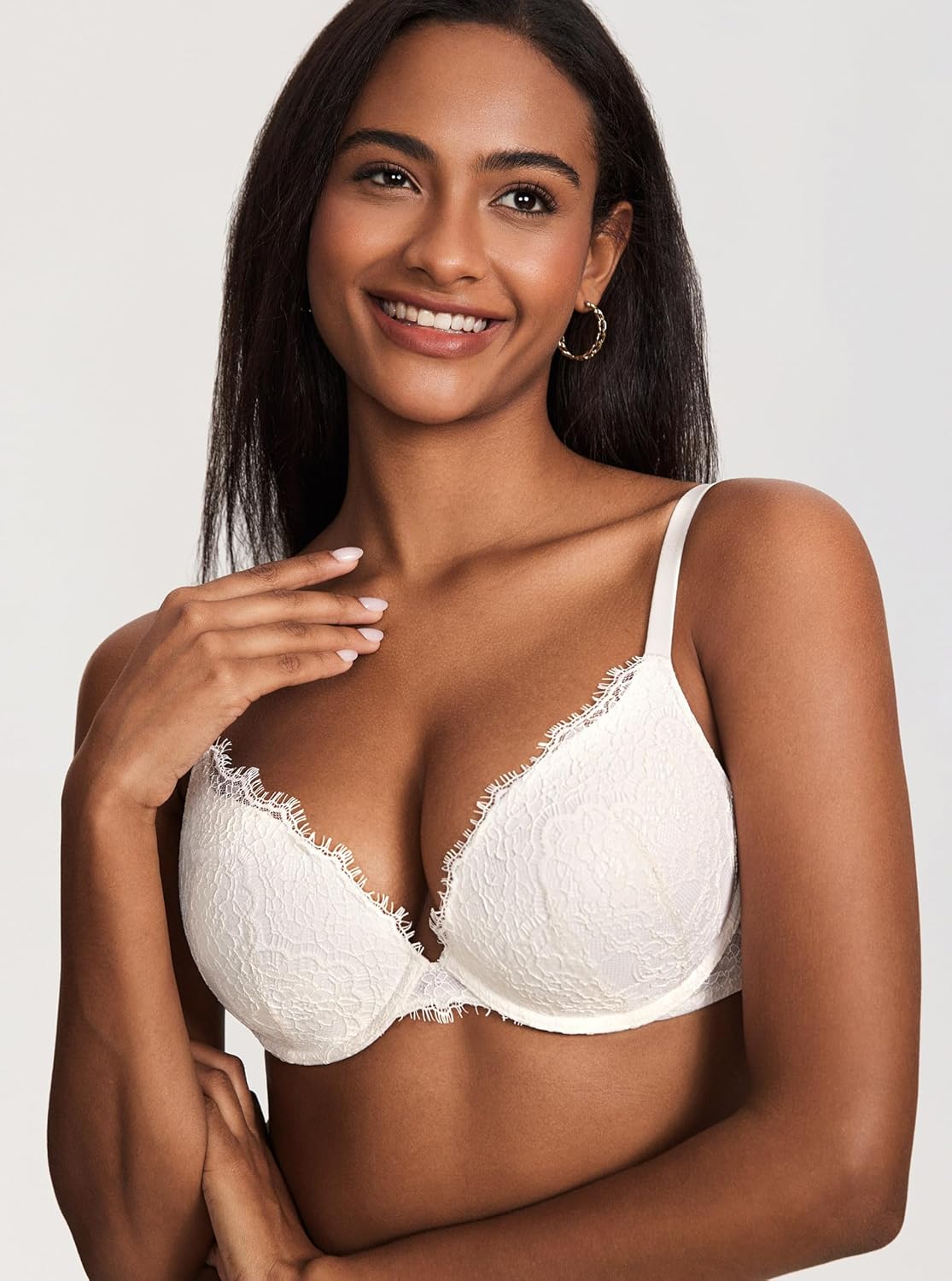 DOBREVA Women's Push Up Bra Eyelash Lace Sexy Cleavage Underwire Support Plunge Bras