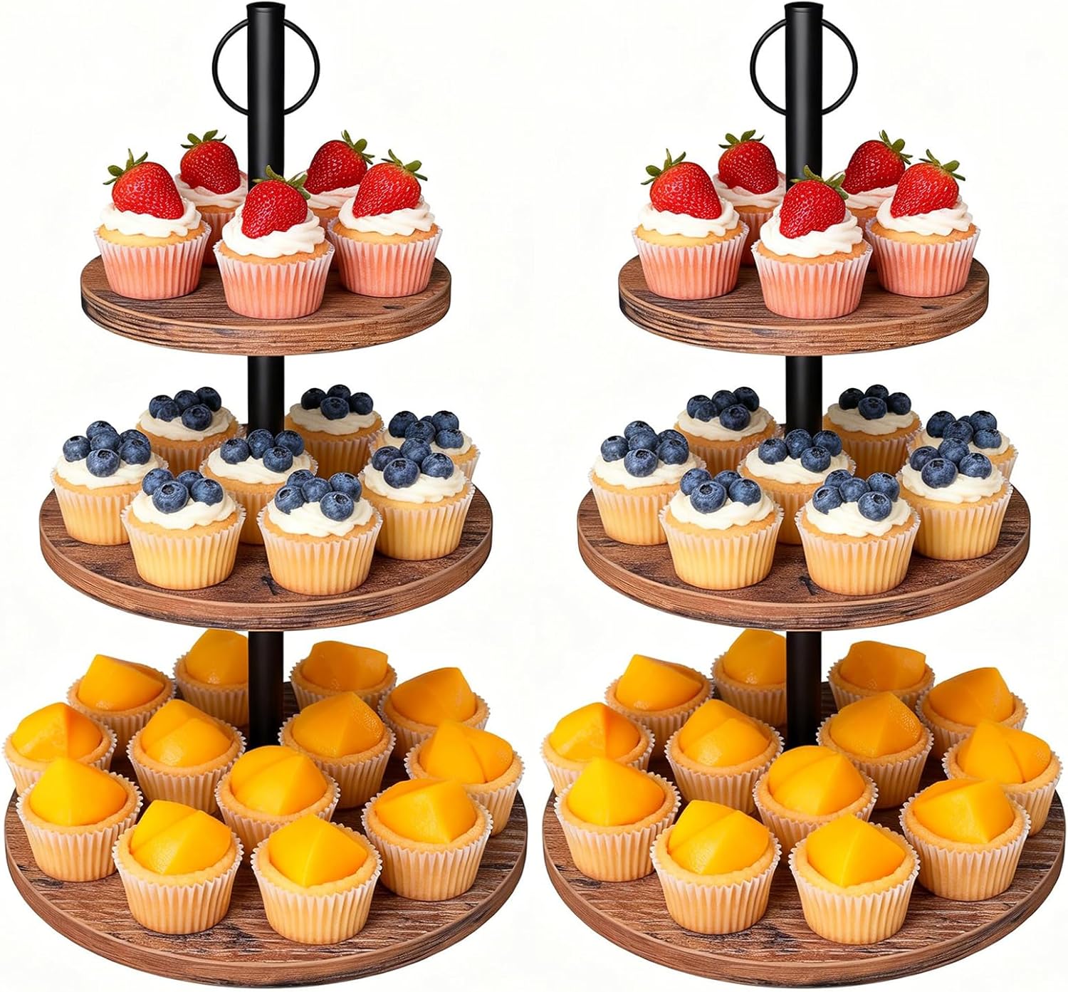 Cupcake Stand, 2 Pack Rustic Wood Cake Stand, 3 Tier Cupcake Tower Round Tiered Tray Stand for Dessert Table Display, Industrial Wooden Serving Stand Wedding, Graduation and Baby Shower