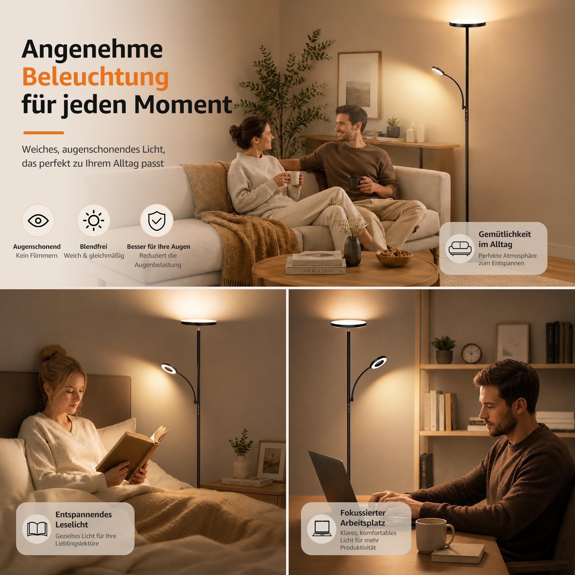 Torkase LED Stehlampe Wohnzimmer, 42W 4200LM Deckenfluter mit Leselampe, Dimmbare Mutter-Tochter Standleuchte mit Magnetischer Fernbedienung, 2700K-6500K Moderne Lampe Schwarz