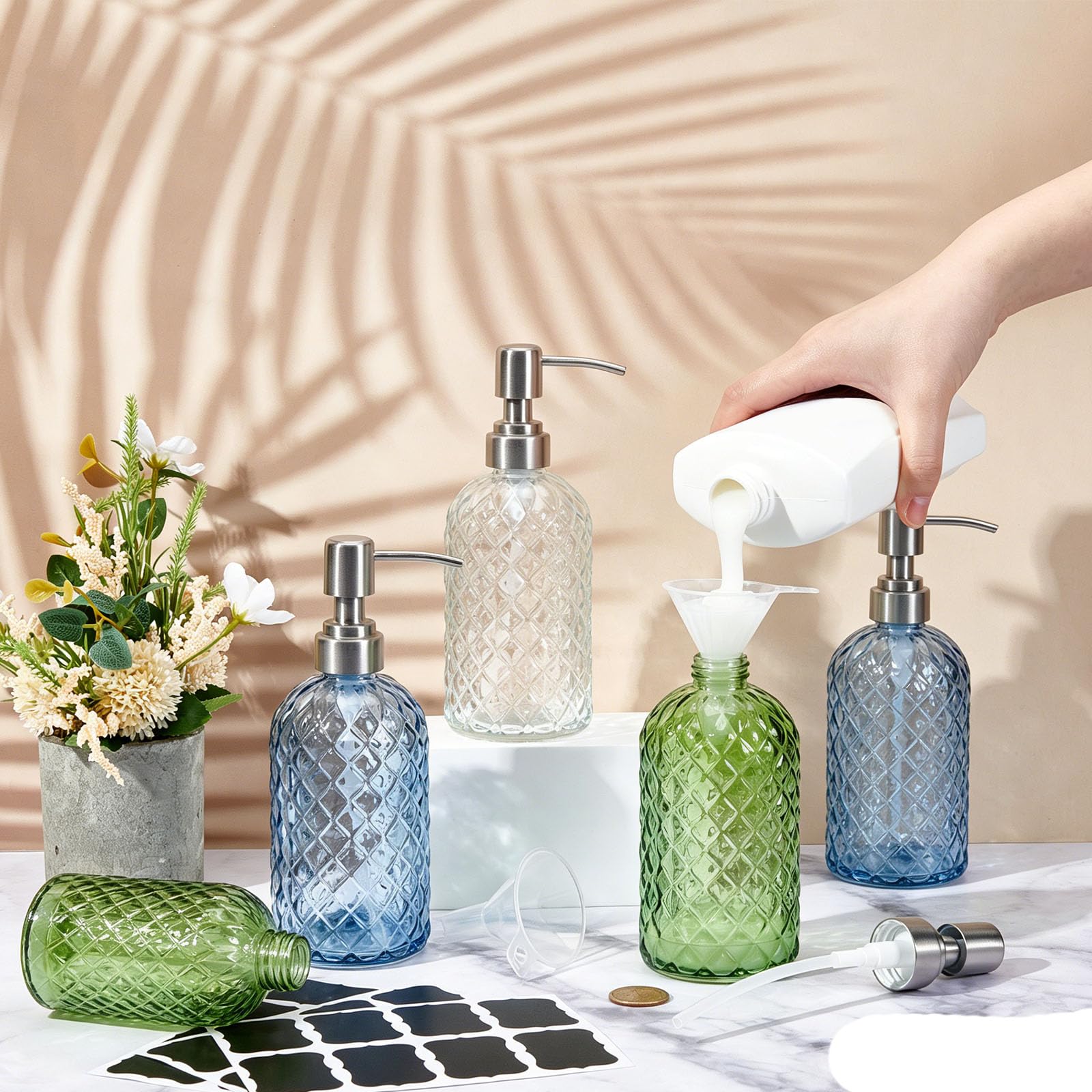 6 unidades 500 ml dispensador de jabón de vidrio con patrón de diamante rellenable dispensador de jabón de vidrio con bomba de acero inoxidable para lociones líquidas adecuado para cocina y