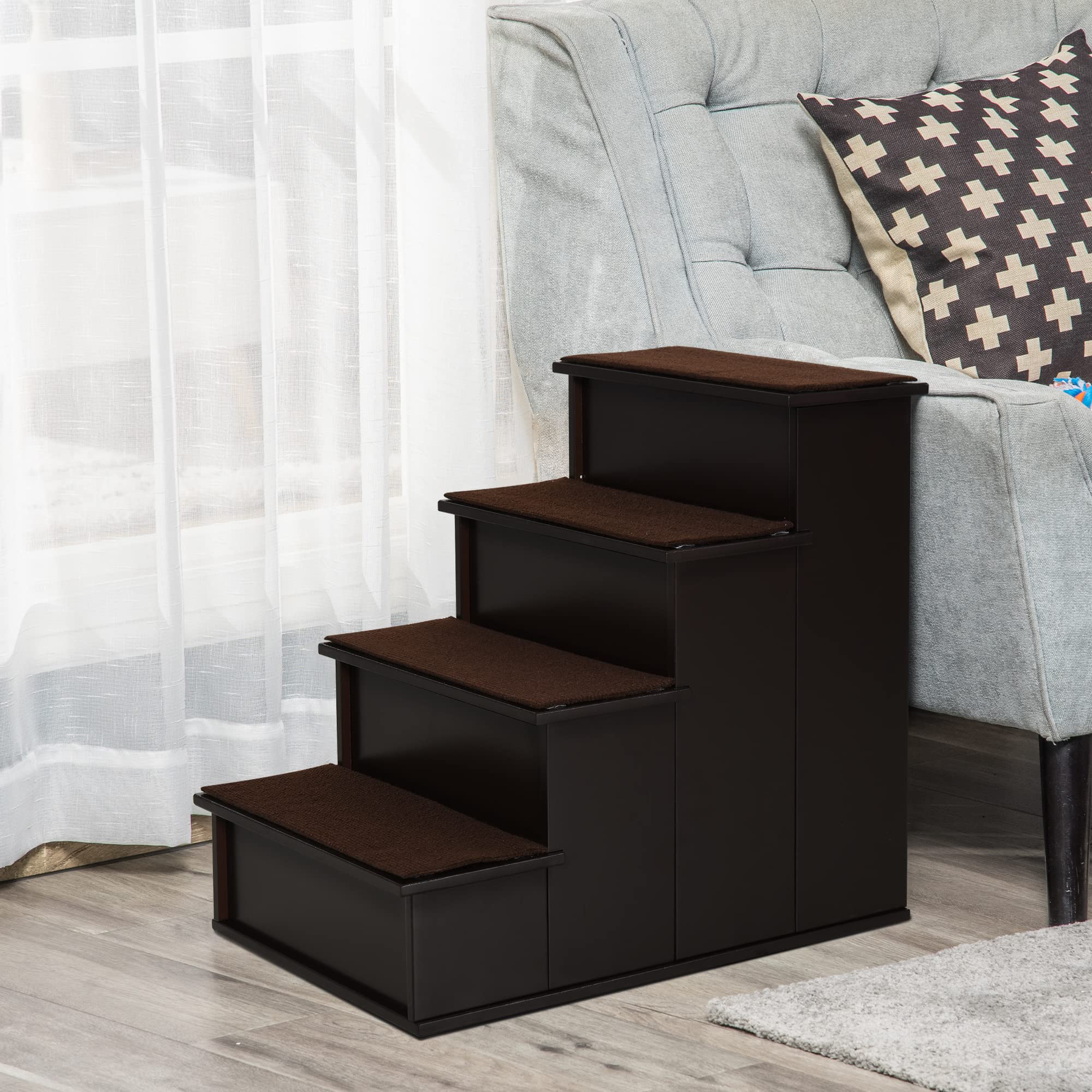PawHut Haustiertreppe 4-stufige Hundetreppe Katzentreppe Einstiegshilfe mit Rutschfester Matte Haustierleiter für Auto Bett Sofa Dunkelbraun 40 x 59 x 54,2 cm