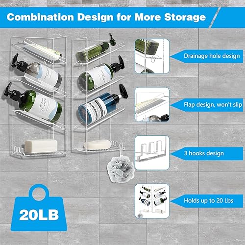 Miniatura 2 de HASPINH Estantes de ducha de acrílico, paquete de 2 organizadores de ducha, soporte para champú de baño montado en la pared, estantes de baño