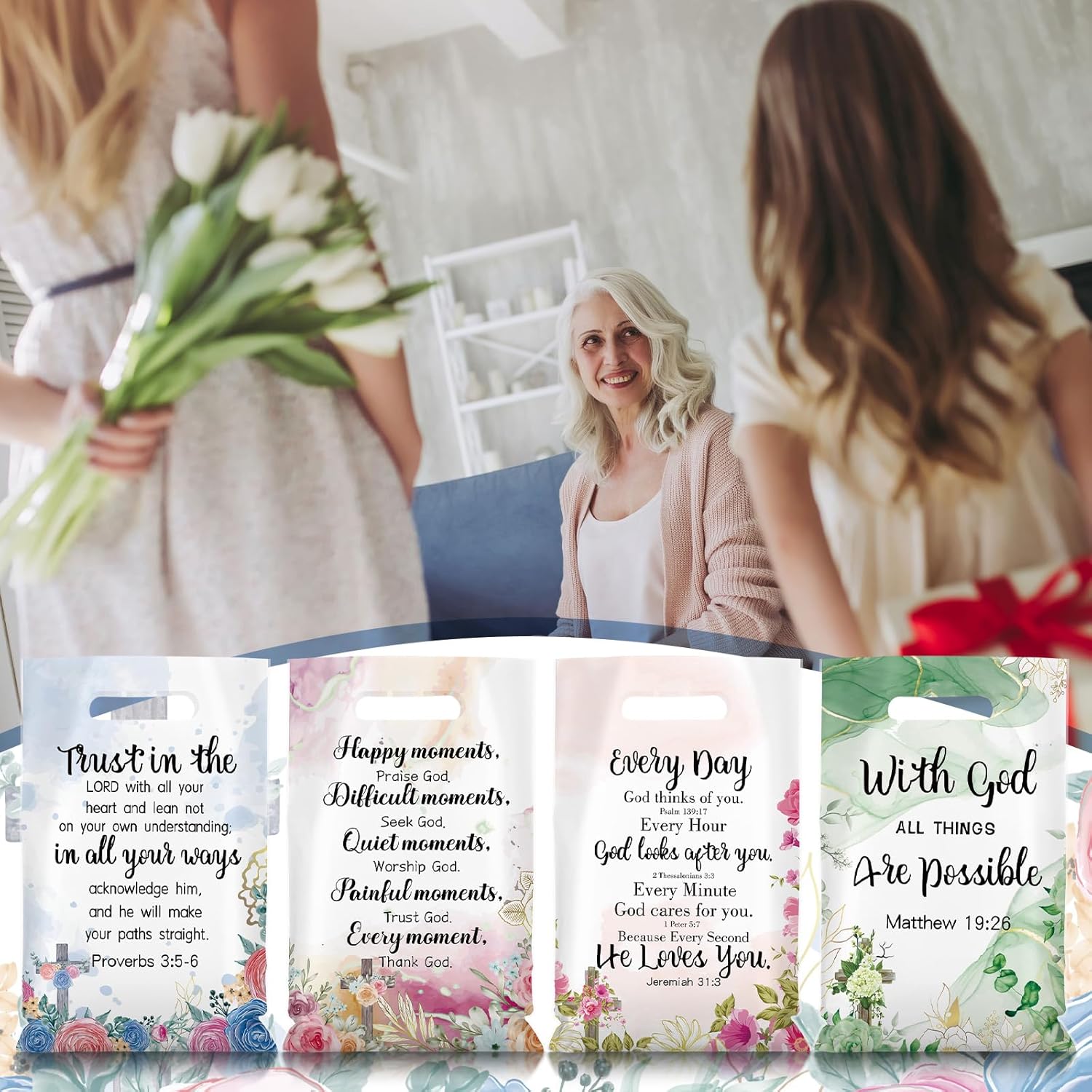 Yinder 200 Pcs Christian Gift Bags with Handles Bible Verse Plastic Bag Bulk for Mother's Day Religious Treat Sack Christian Gifts Inspirational Flower Candy Pouches for Women Party Favor Church Gift - Image 5
