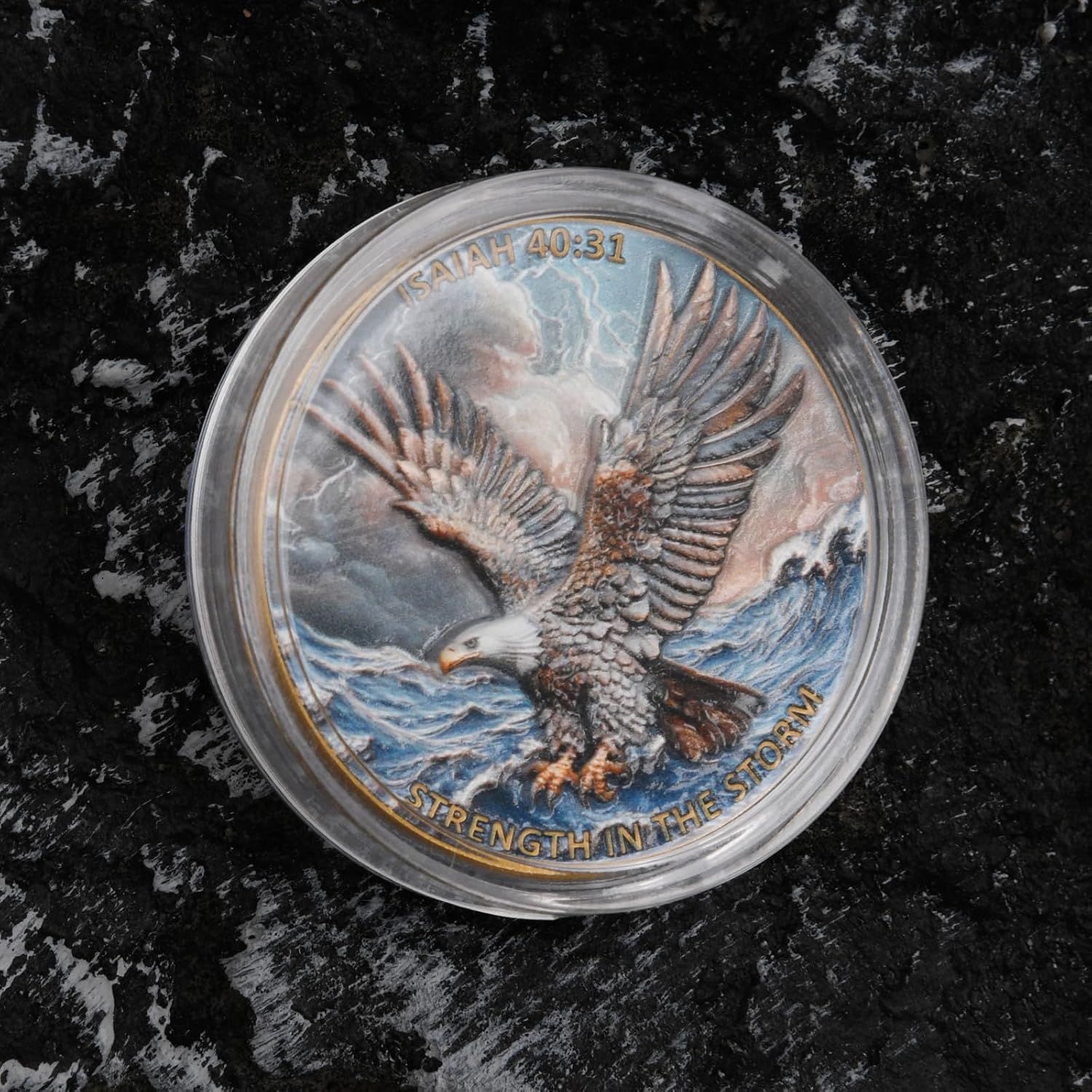 Eagle & Isaiah 40:31 Challenge Coin - Inspirational Christian Prayer Coin - Strength in The Storm - Pocket Gift with Clear Case(Pack of 5)