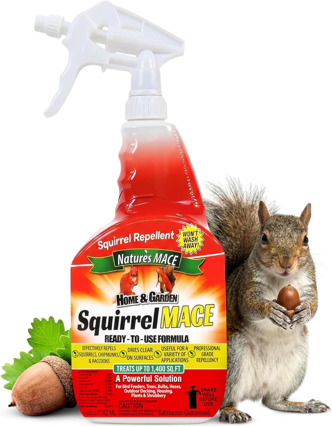 Nature's Mace Squirrel Mace, Squirrel Repellent Outdoor, 40 Ounce Spray, Squirrel and Chipmunk Repellent, Keep Squirrels Out of Your Garden, Attic, Bird Feeders, Fruit Trees, Plants, Potted Plants