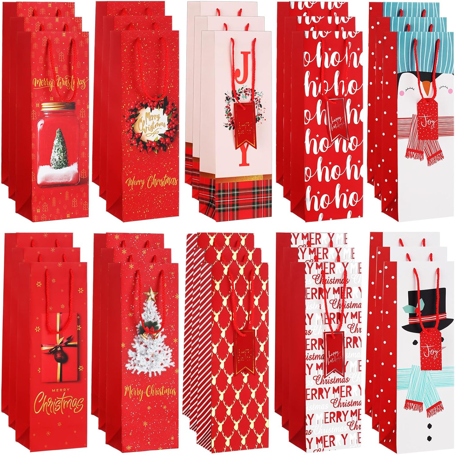 Cholemy 30 Pcs Christmas Wine Bottle Gift Bags Bulk Christmas Wine Champagne Bags with Handles for Bottles Gift Wrapping Holiday Party Favors (Classic)