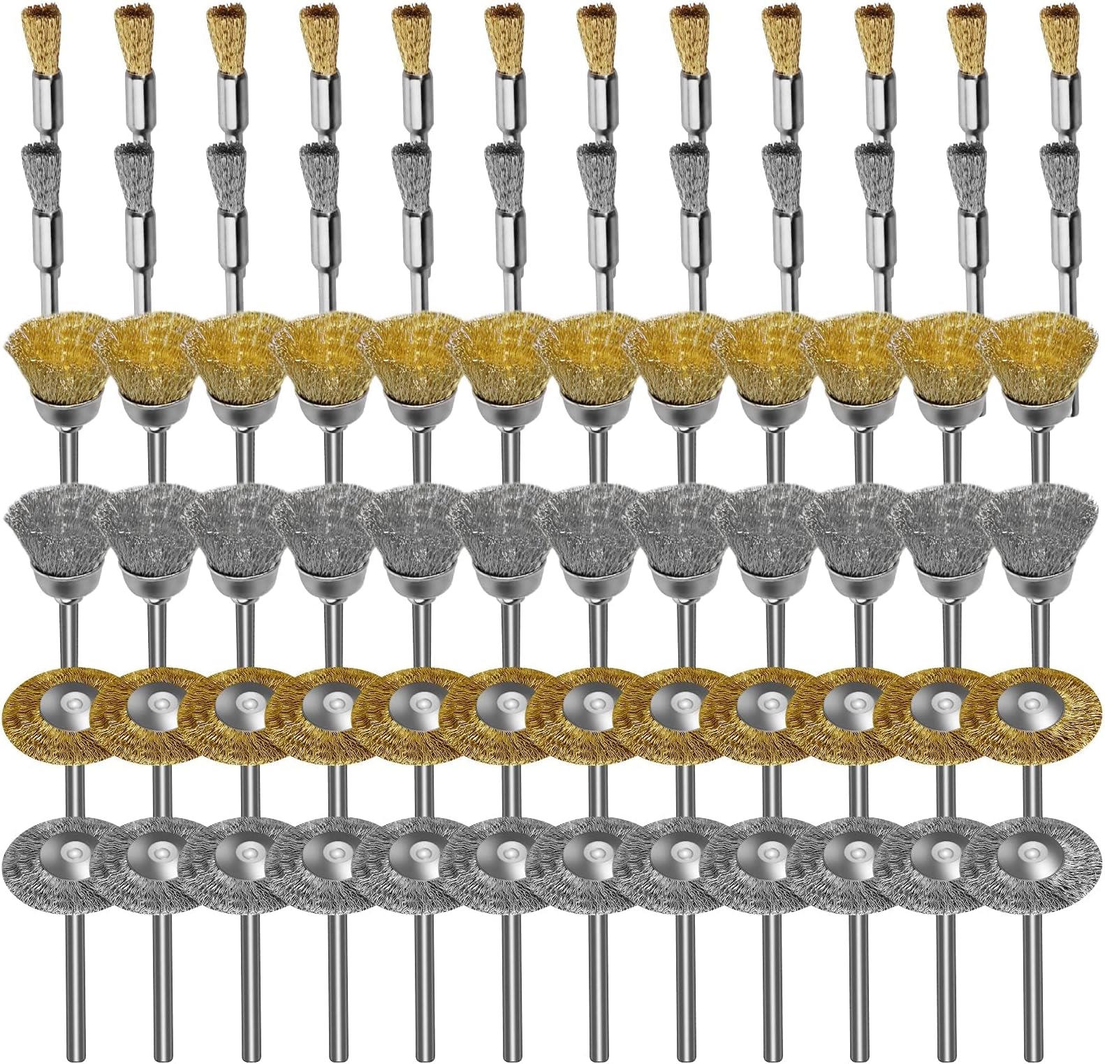 72PCS Wire Wheel Brush Set,Brass Coated Stainless Steel Wire Wheel,Pen Polish Cleaning Brush Kit for Removal Rust Corrosion Paint Polishing Compatible with 1/8inch(3mm) Shank Dremel Rotary Tool