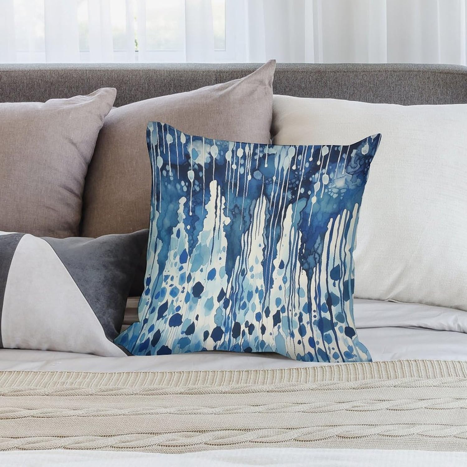 ArogGeld Pack of 2, Chinoiserie Pillow Cover 24"x24" Watercolor Abstract Blue Geometry Sofa Pillowcase Modern Blue Geometric Art Pillow Cases with Zipper Farmhouse Velvet Throw Pillow Cover