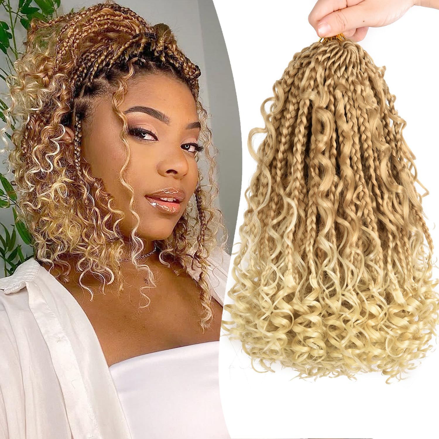 10 Inch Goddess Box Braids Crochet Hair for Black Women With Curl Ends 8 Packs Pre Looped Crochet 3X Boho Bob Box Braids Synthetic Twist Braiding Hair Extensions (12strands/pack;27/613#)
