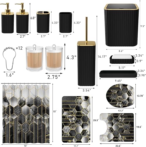 Vista 4 de Juego de baño – Juego de baño de 26 piezas con cortina de ducha y alfombras, juego de accesorios de baño, juego de accesorios de baño negro, bote