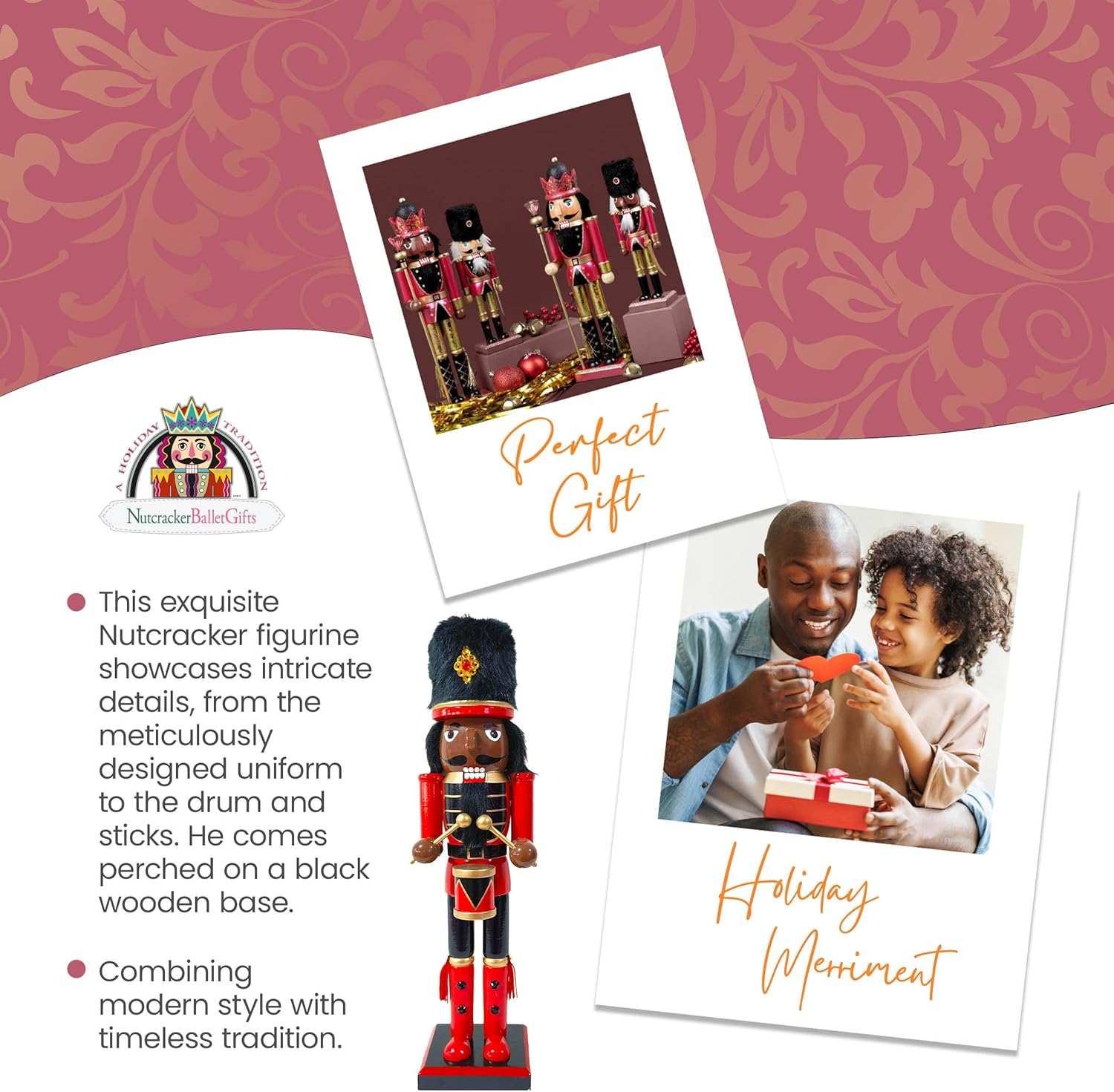 Nutcracker Ballet Gifts Marching Band African American Wooden Nutcracker Ballet Figures Decorations Ornaments, Christmas Holiday Decor, 15 inch