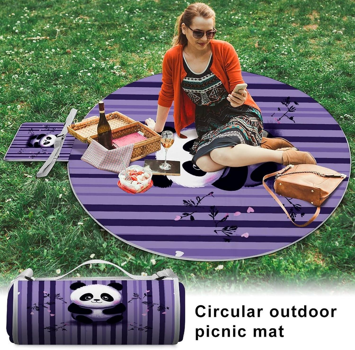 Purple Striped Panda Picnic Mat Lightweight Waterproof Picnic Blankets Extra Large Picnic Outdoor Blankets Foldable Sandproof Beach Blanket for Park Beach Camping Courtyard 58.3''x58.3''