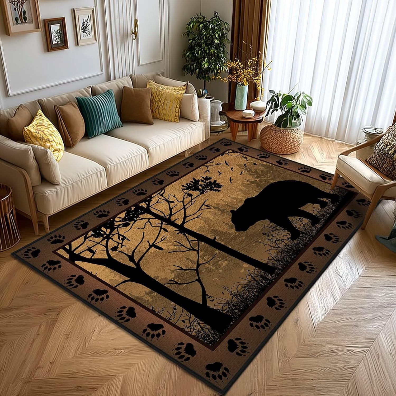 Cabin Rustic Area Rug 5x7,Bear Country Wildlife,Vintage Area Carpets for Bedroom,Ultra-Thin Washable Throw Floor Rugs Indoor Non Slip Accent Floor Mats for Living Room,Dining Room,Laundry Room,Brown