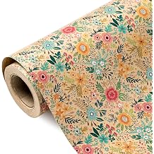 WRAPAHOLIC Kraft Floral Wrapping Paper Roll - Mini Roll - 17 Inch x 9.8 Feet - Spring Summer Garden Flower Design Perfect for Wedding, Bridal Shower, Birthday