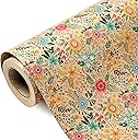 WRAPAHOLIC Kraft Floral Wrapping Paper Roll - Mini Roll - 17 Inch x 9.8 Feet - Spring Summer Garden Flower Design Perfect for Wedding, Bridal Shower, Birthday