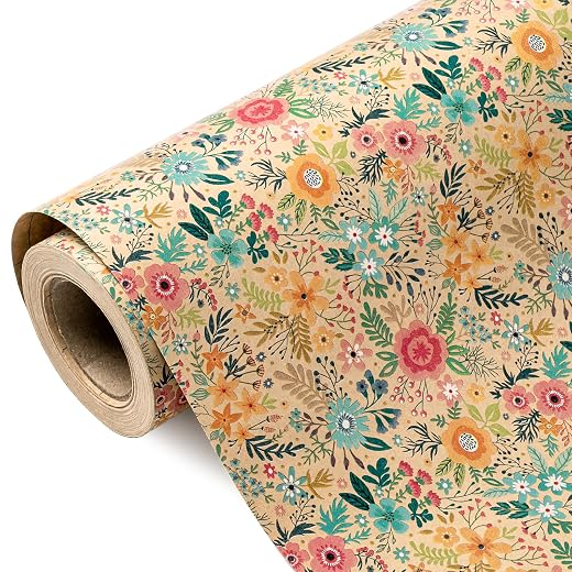WRAPAHOLIC Kraft Floral Wrapping Paper Roll - Mini Roll - 17 Inch x 9.8 Feet - Spring Summer Garden Flower Design Perfect for Wedding, Bridal Shower, Birthday