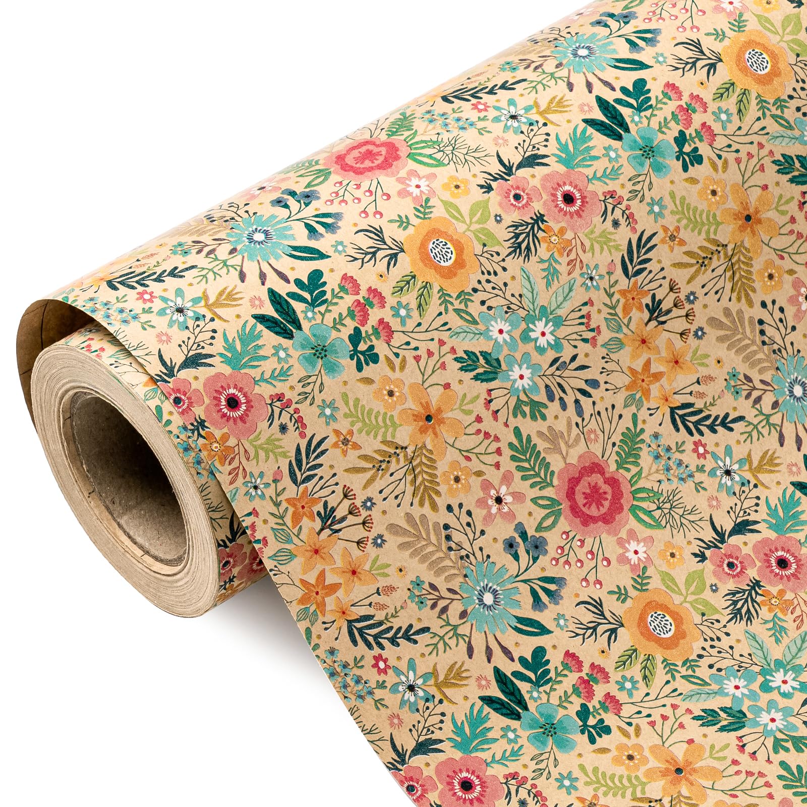 WRAPAHOLIC Jumbo Kraft Floral Wrapping Paper Roll - 30 Inch x 33 Feet - Spring Summer Garden Flower Design Perfect for Wedding, Bridal Shower, Birthday