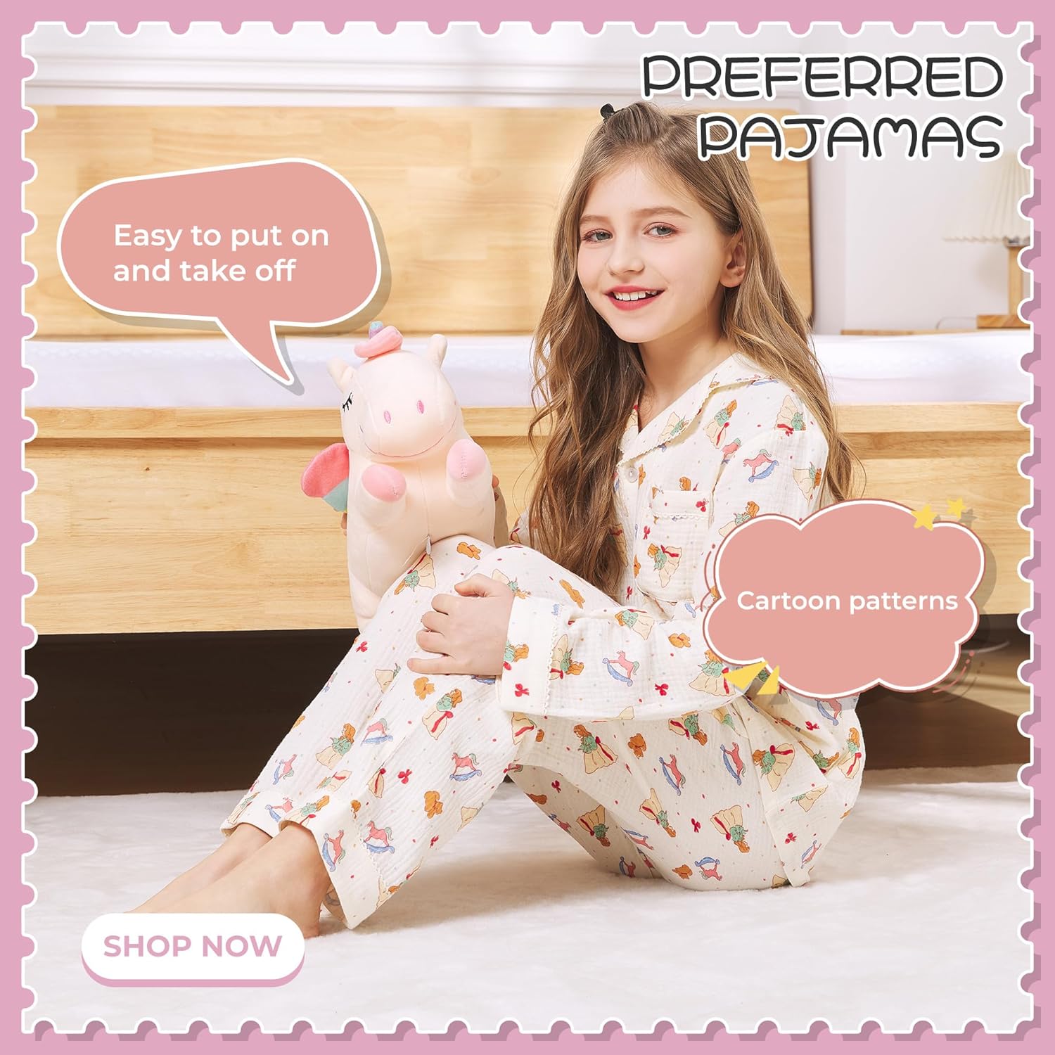 2 Pack Girls 100% Cotton Pajamas Set Kids Button Down Soft Pjs 2T-10 Years - Image 2