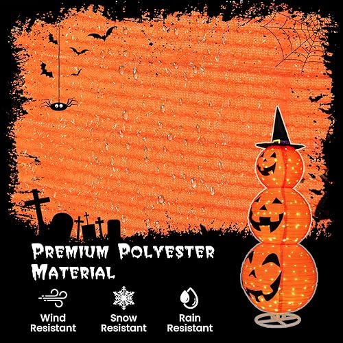 Miniatura 5 de HOMGX - Decoraciones de calabaza de Halloween de 5 pies con 180 LED, calabaza iluminada preiluminada para exteriores con sombrero de bruja, calabaza